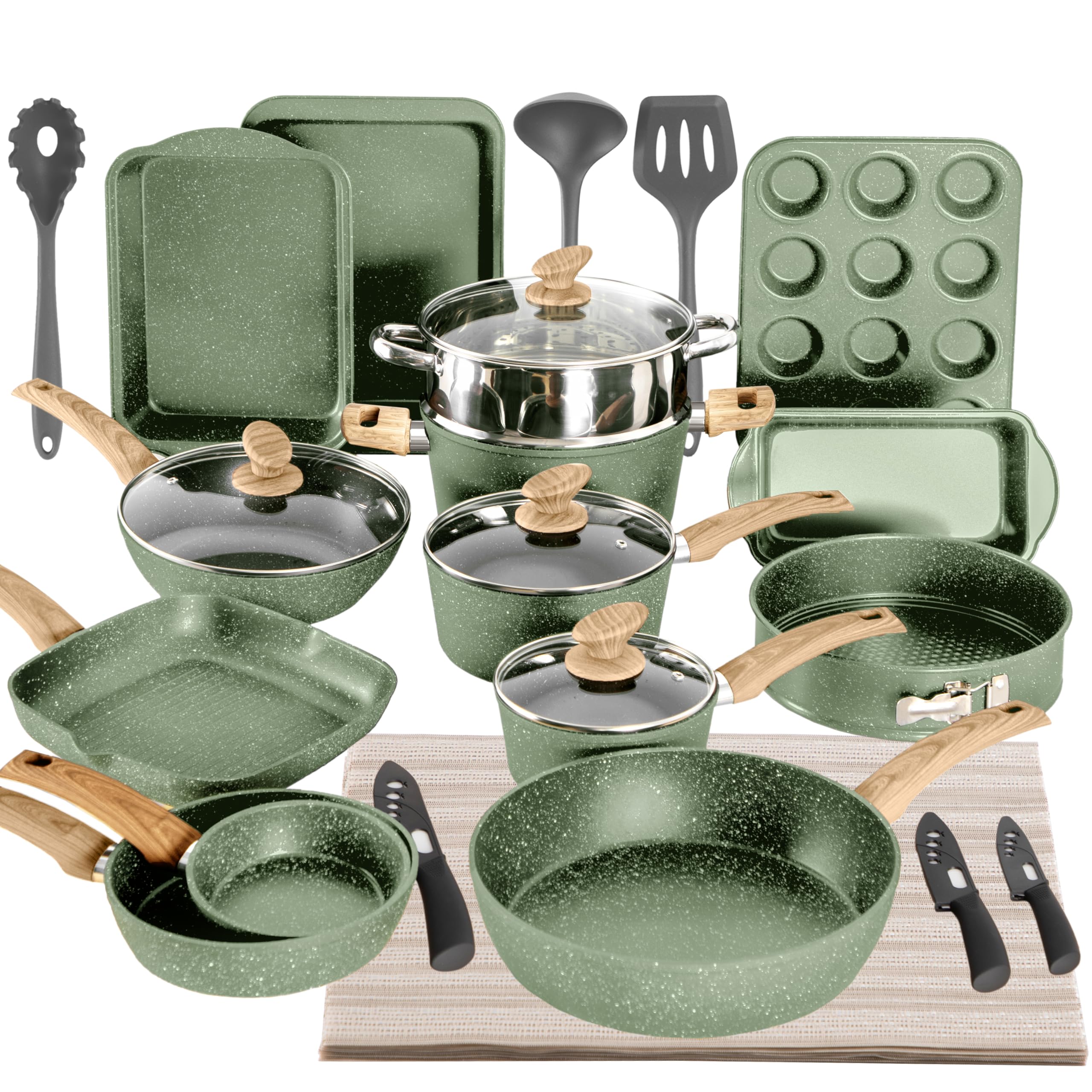 Kitchen Academy Set di Pentole e Padelle Antiaderenti, Set di Pentole e Padelle 30Pezzi, Set di Padelle a Induzione, Pentole Antiaderenti in Granito (Verde)