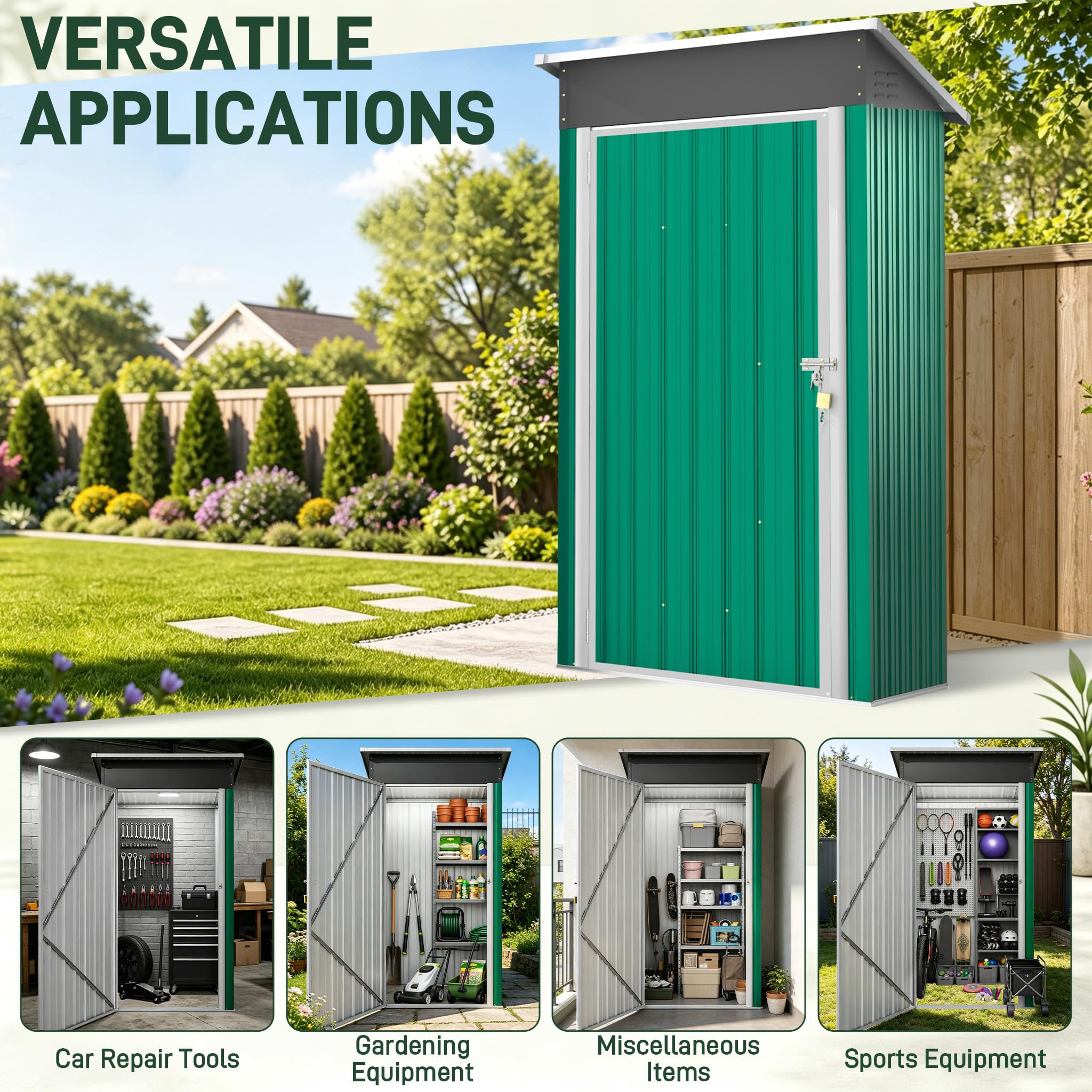 UISEBRT Cobertizo de metal 1,5 m³ 108 x 91 x 185 cm, resistente a la intemperie, con techo inclinado y orificios de ventilación, caseta de jardín con cerradura para herramientas de jardín