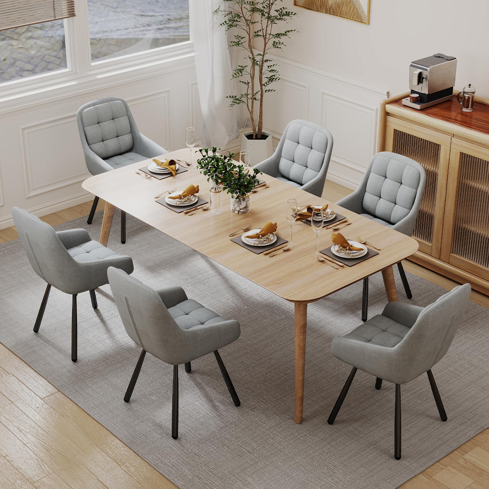 JIJIAN Juego de 4 Sillas de Comedor Giratorias 360° con Reposabrazos, Silla Acolchada con Patas Metálicas, para Salón, Cocina, Dormitorio y Estudio, Gris Claro