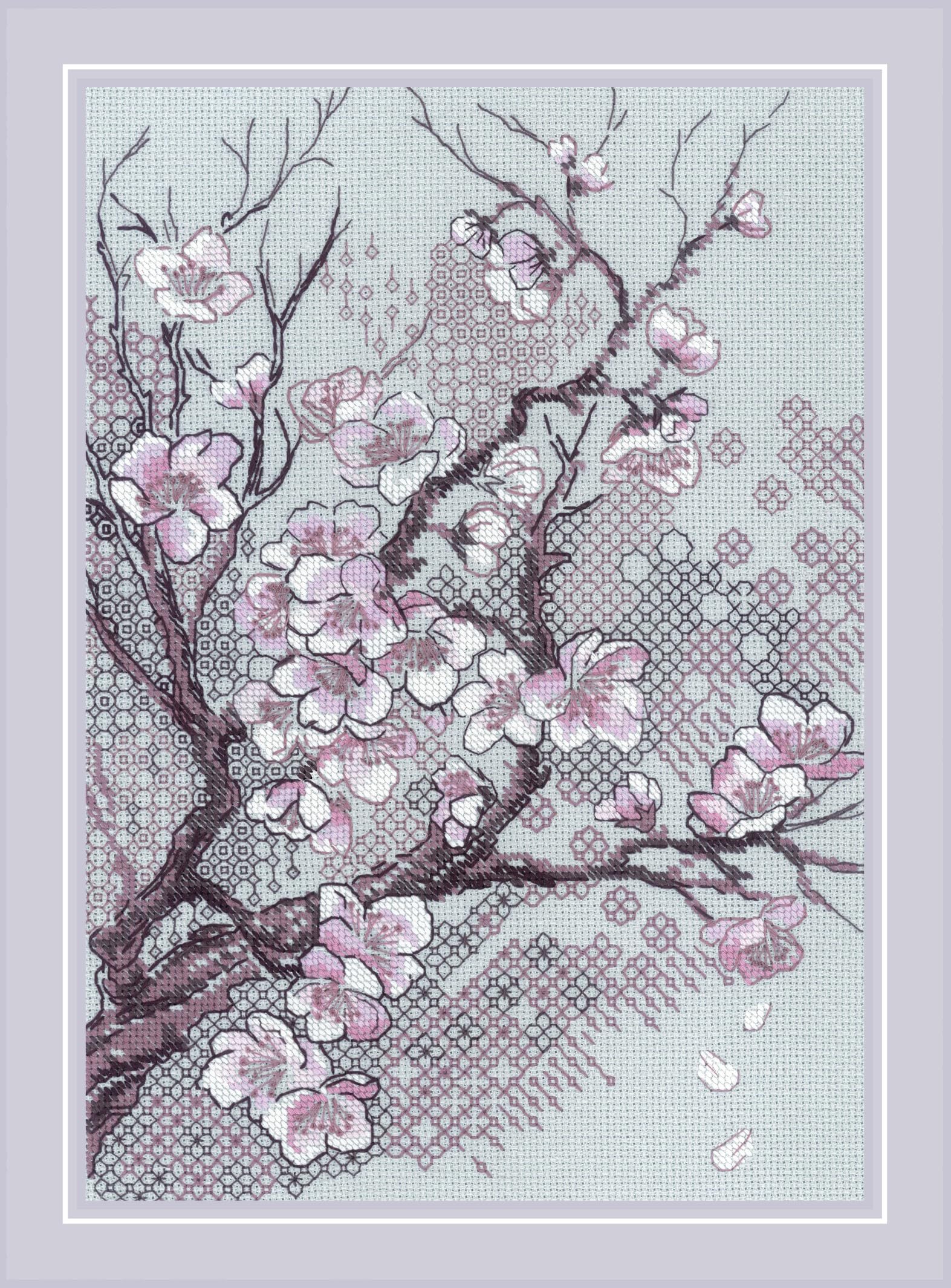 RIOLIS - Fiore di pruno 2298, Natura Blackwork Set 21x30cm, Kit da ricamare blackwork, Disegni da ricamare, Embroidery kit, Kit ricamo blackwork