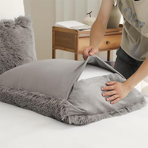 Miniatura 8 de Juego de edredón peludo, tamaño Queen, juego de ropa de cama de pelo sintético esponjoso, juego de ropa de cama de 3 piezas (1 edredón peludo + 2