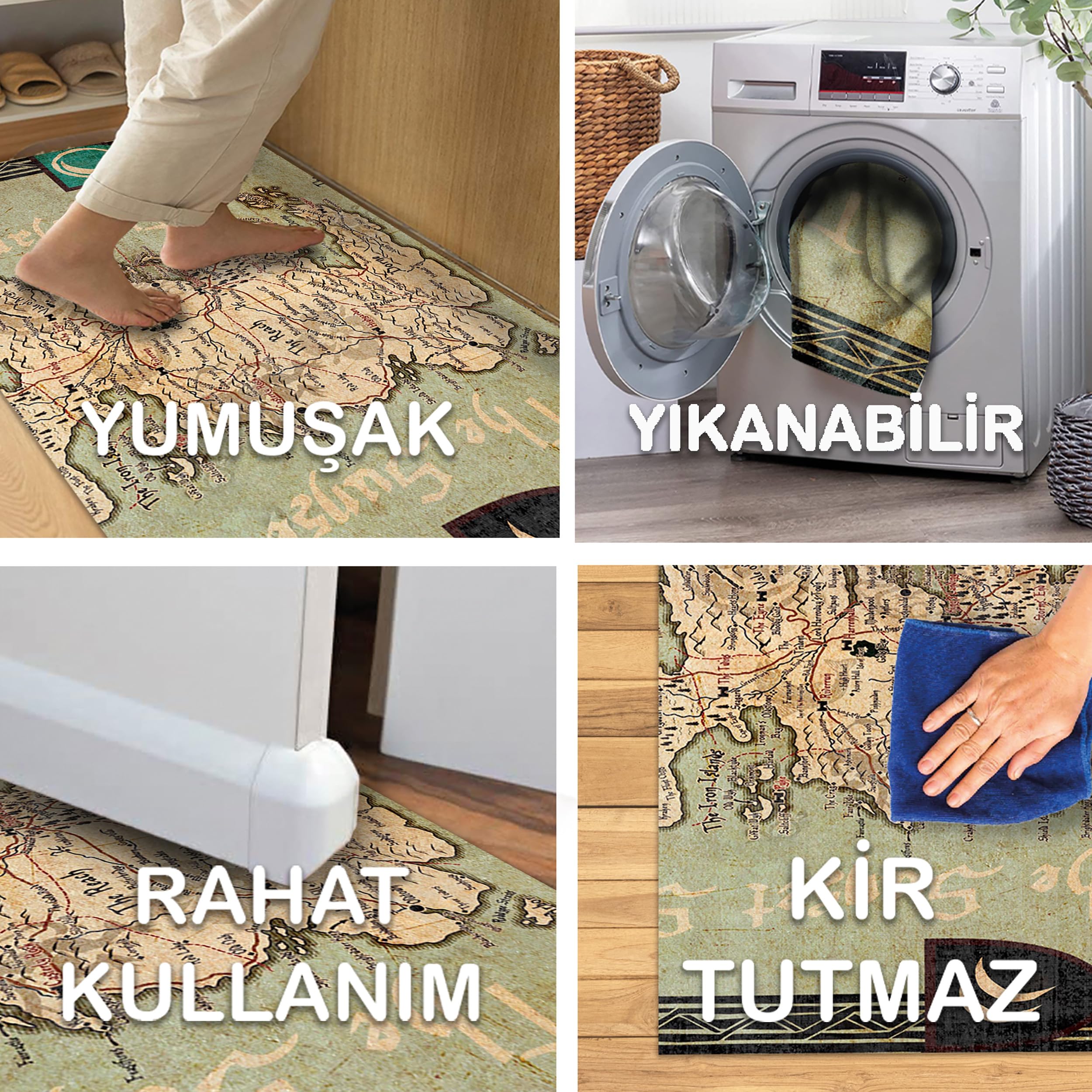 Latte Dizayn Groundplay Desenli Kadife Pamuk Tabanlı Yıkanabilen Kaydırmaz Antibakteriyel Salon Halısı 100x200