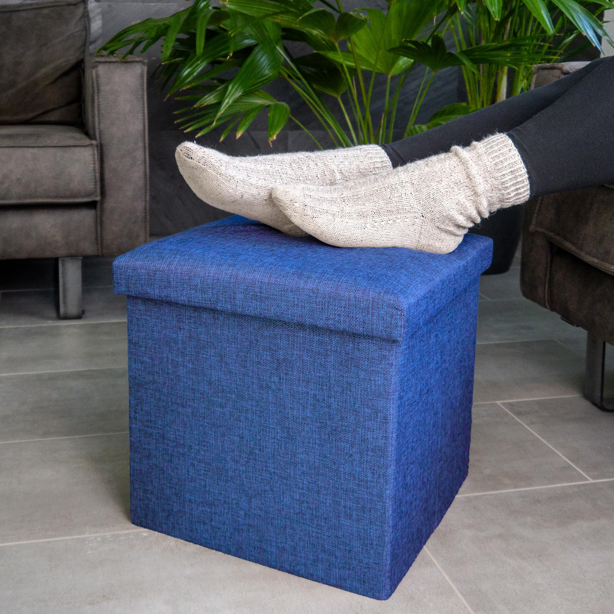 INTIRILIFE Puff Baúl Plegable 38x38x38 cm in Azul MAR - Taburete Almacenaje Tapizado de Textil Tela Óptica Lino per Almacenamiento y Reposapiés - Asiento Silla Tejido Banqueto