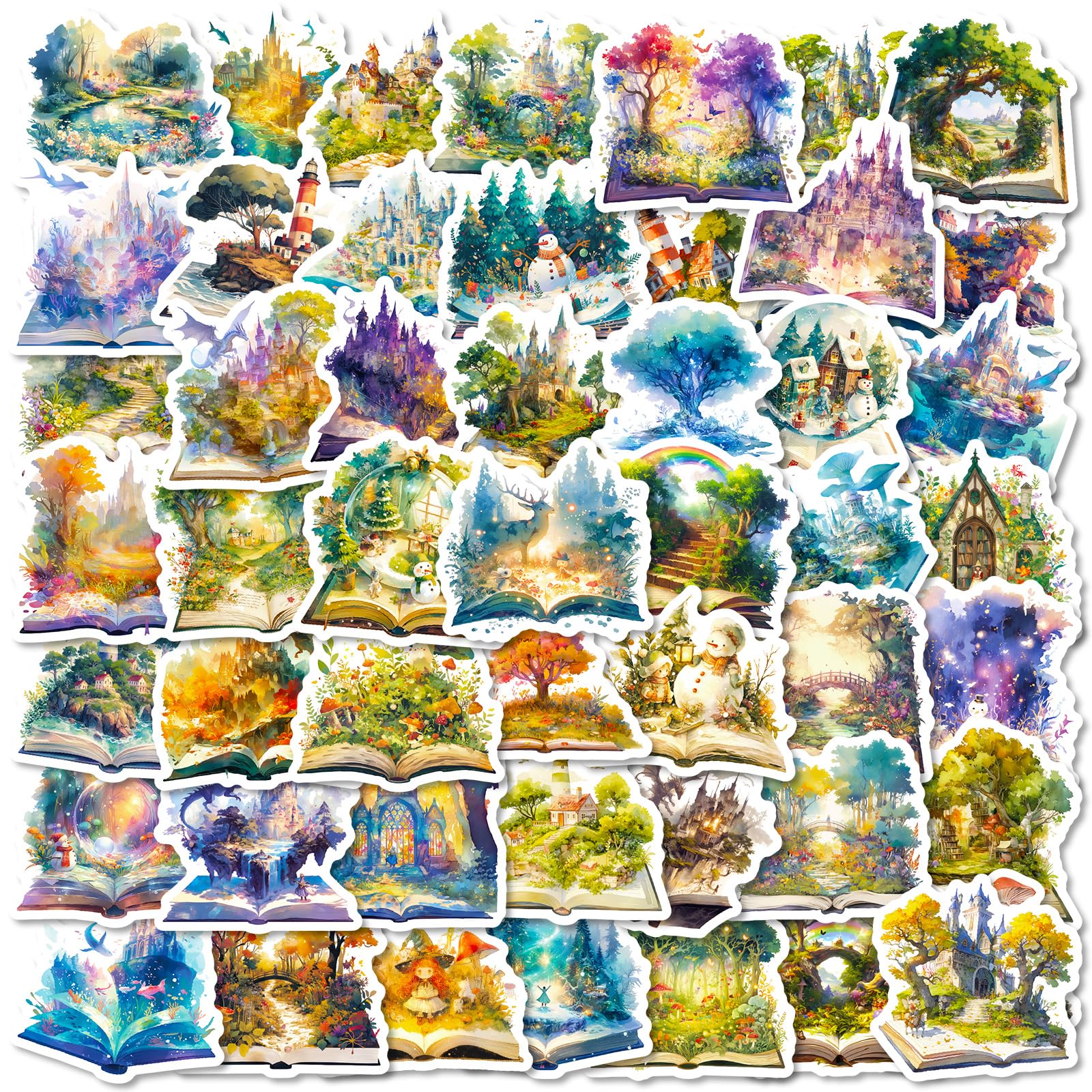 50-Piece Fantasy Magic Book Stickers – Waterproof Vinyl Enchanted Storybook with Castles, Dragons, Forests, Fairies Stickers for Scrapbooks, Laptops,