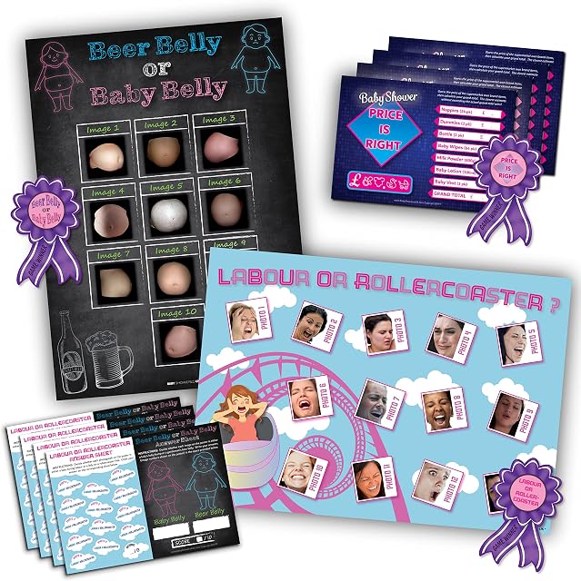 3 Baby Shower Games - Labour or Rollercoaster- Beer Belly or Baby Belly- Price is Right. 3 Winner Prizes - 20 Player Baby Shower Game Pack - XL Posters for prime baby shower boy, girl or unisex party