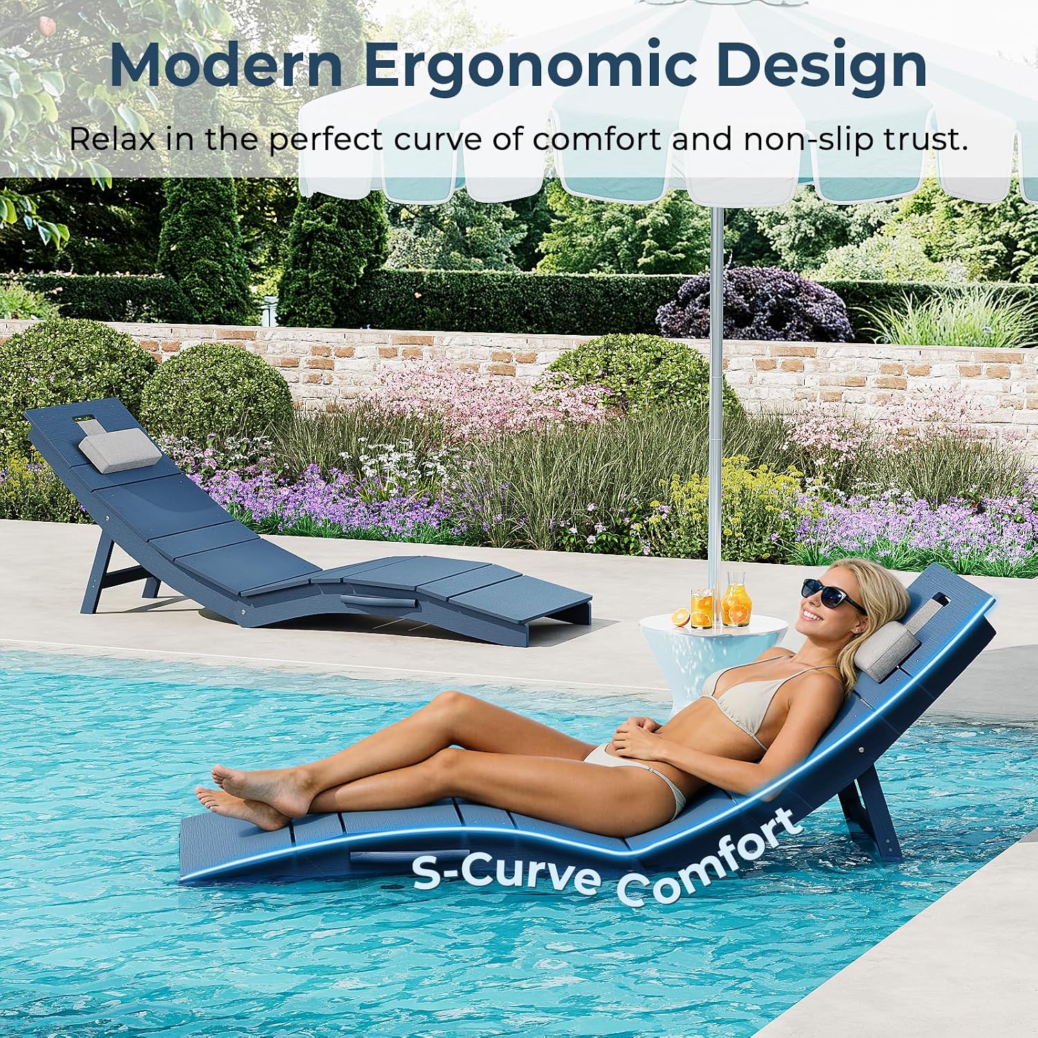 Pool Lounge Chairs Set of 2, Weather Resistant HIPS Outdoor Chaise Lounge for in Pool, Folding Tanning Chairs with Headrest, Holds up to 400LBS, Anti-Floating Lounger for Outside Poolside Yard Deck