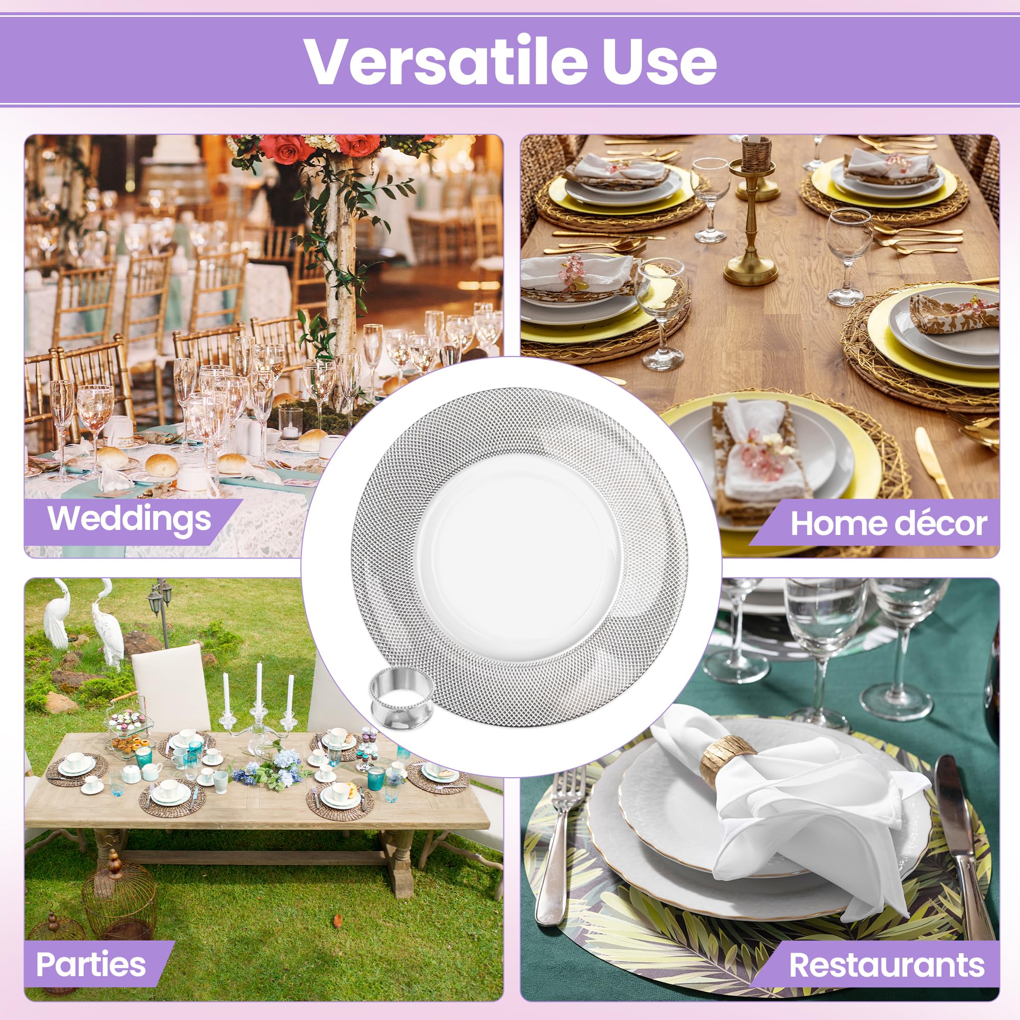 Elegantes platos de cristal plateado con 12 servilleteros martillados – 33 cm diseño a cuadros para servir bodas, fiestas, cumpleaños, eventos y decoración de mesa, juego de 6