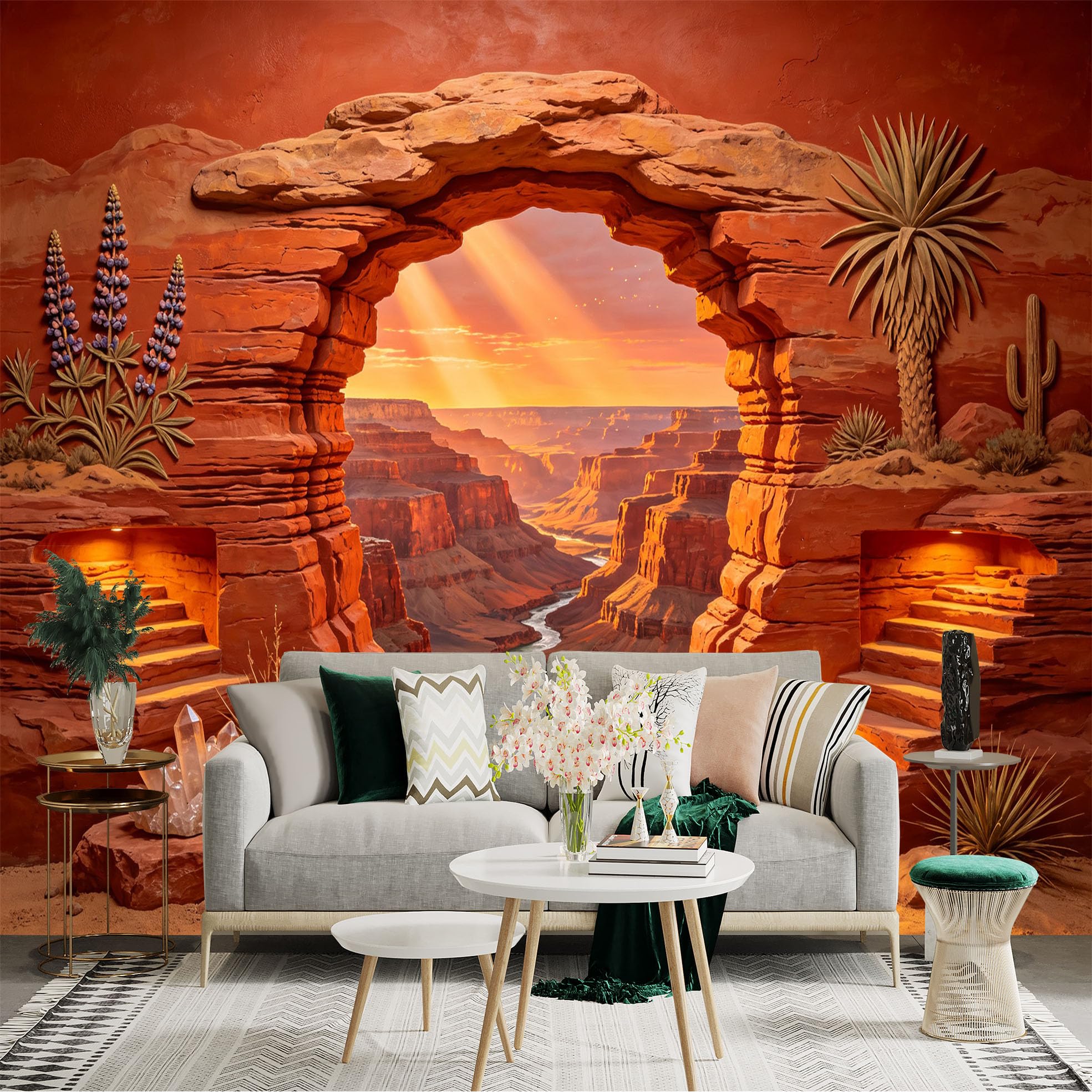 Custom Size Wall Sticker Mural， Desert Canyon Sunset with Rock Arch and River Valley， for wall Decoration， peelandstick wall Decals.
