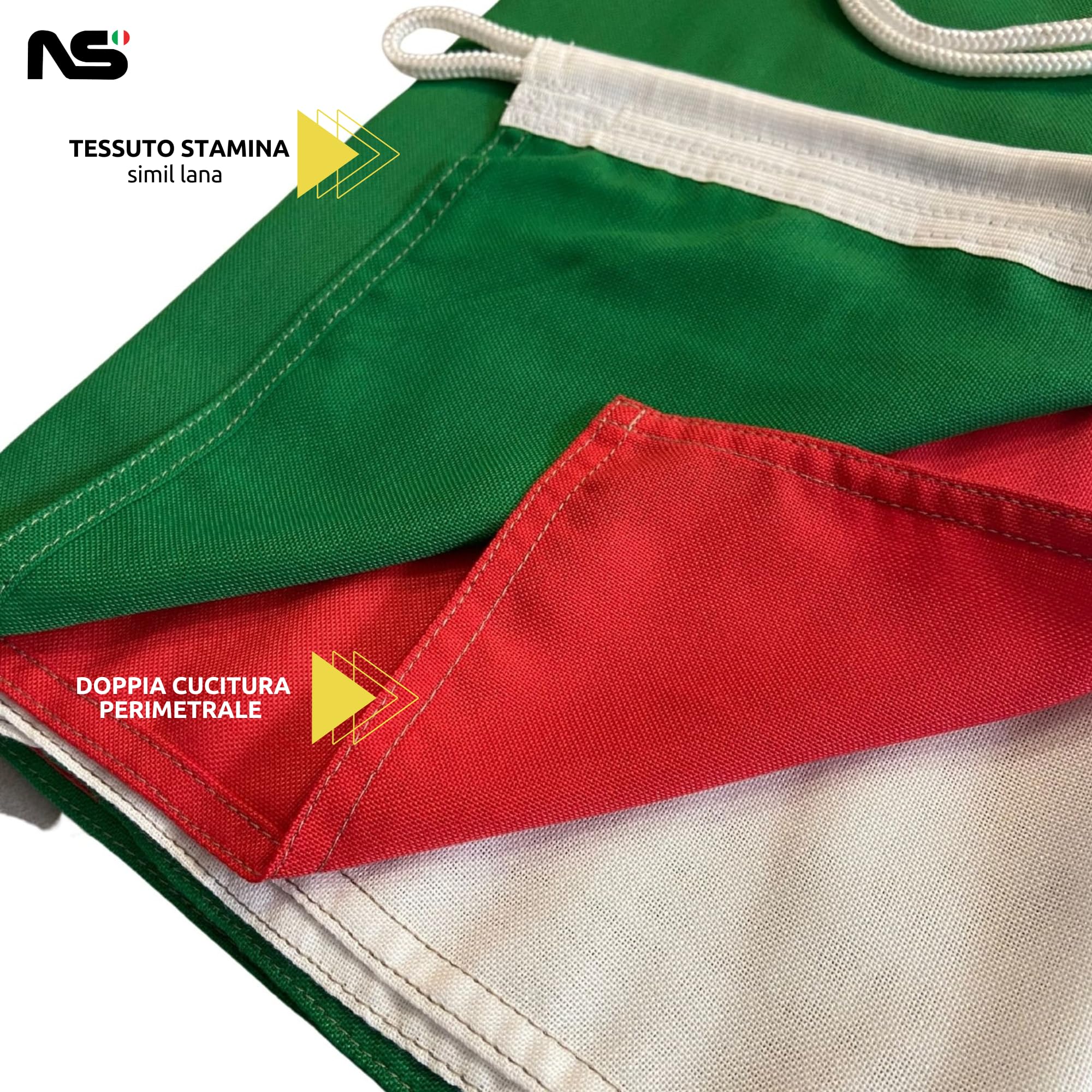 NS BANDIERE | Bandiera Italia Grande cm 200x300 in Tessuto Pesante Stamina Nautica 220gr Antivento Resistente con Corda Laterale e Gancio di Rinforzo