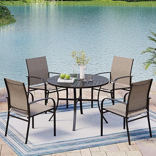Outdoor Patio Dining Set 5 Piece Furniture Set with 4 Brown Textilene Chairs and 4 Person Metal Round Table for Deck Garden Backyard Lawn Poolside