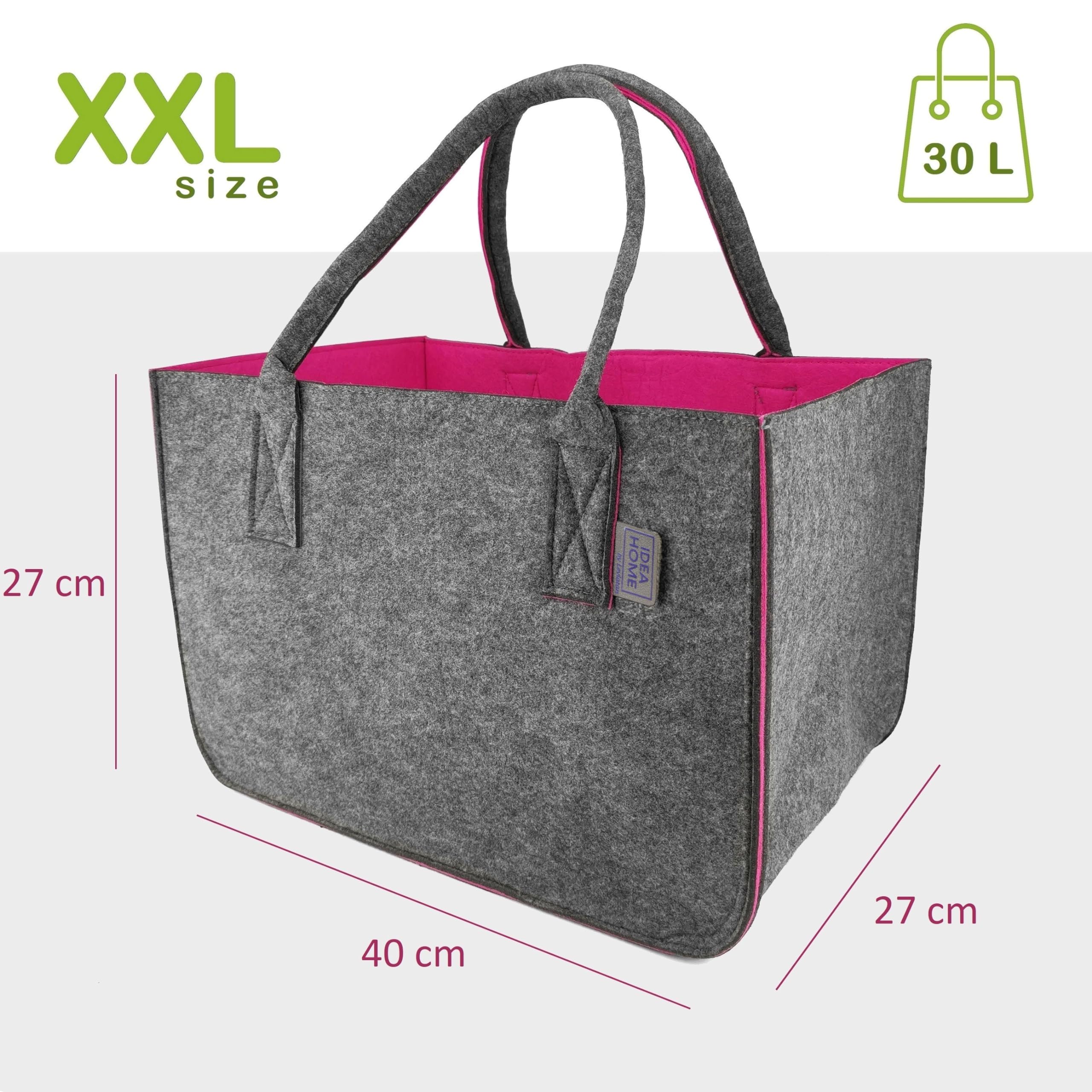 LEVIATAN Felt Bag Shopper Large 30 Litre Shopping Bag XXL Foldable Shopping Basket Firewood Bag Clothes Basket Toy Bag Dark Grey/Raspberry Colour, Raspberry Colour, X-Large, 1 piece