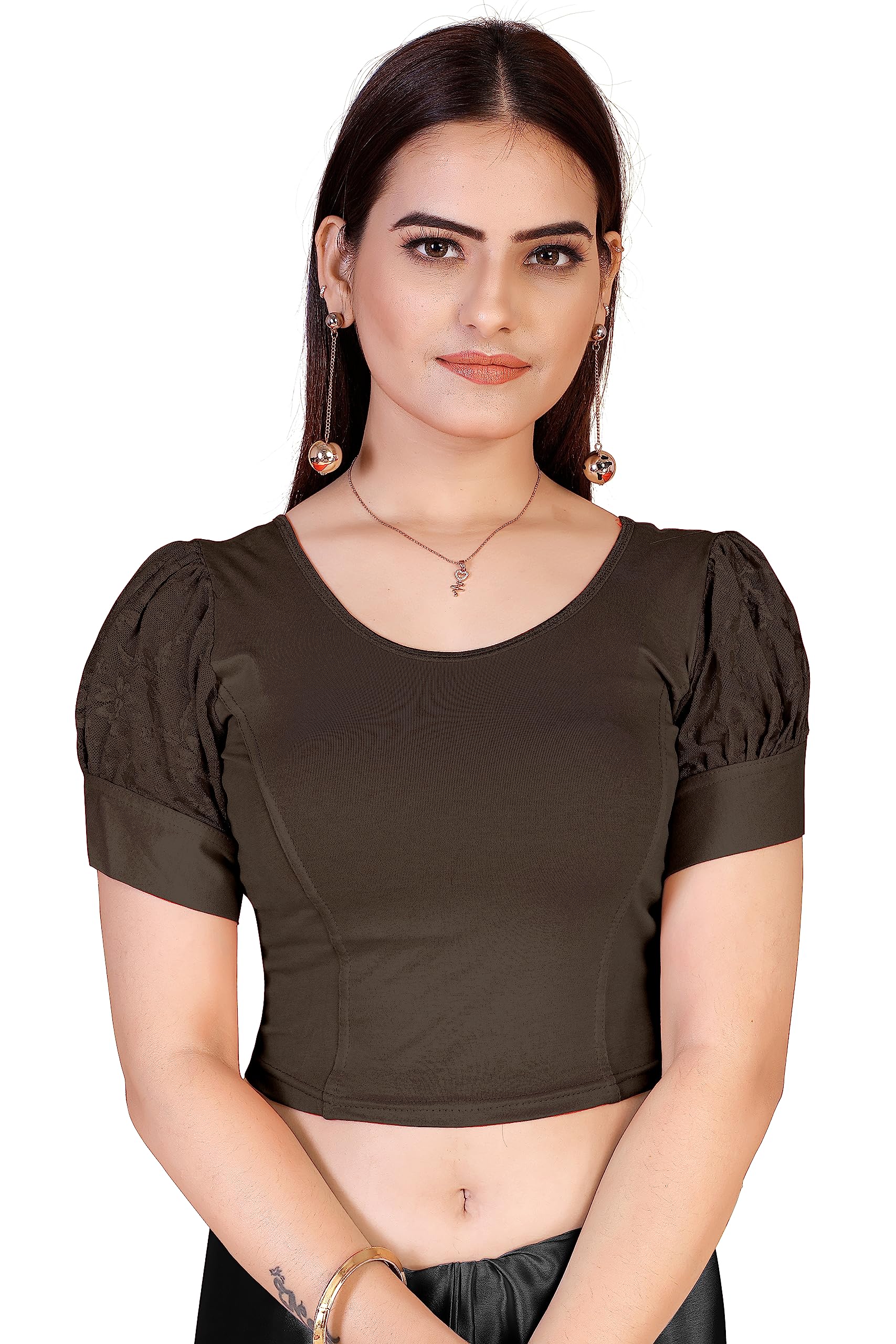 the wow factor Cotton Stretchable Comfy Round Neck Elbow Length Puff Sleeves Blouse for Girls & Womens-picture-18