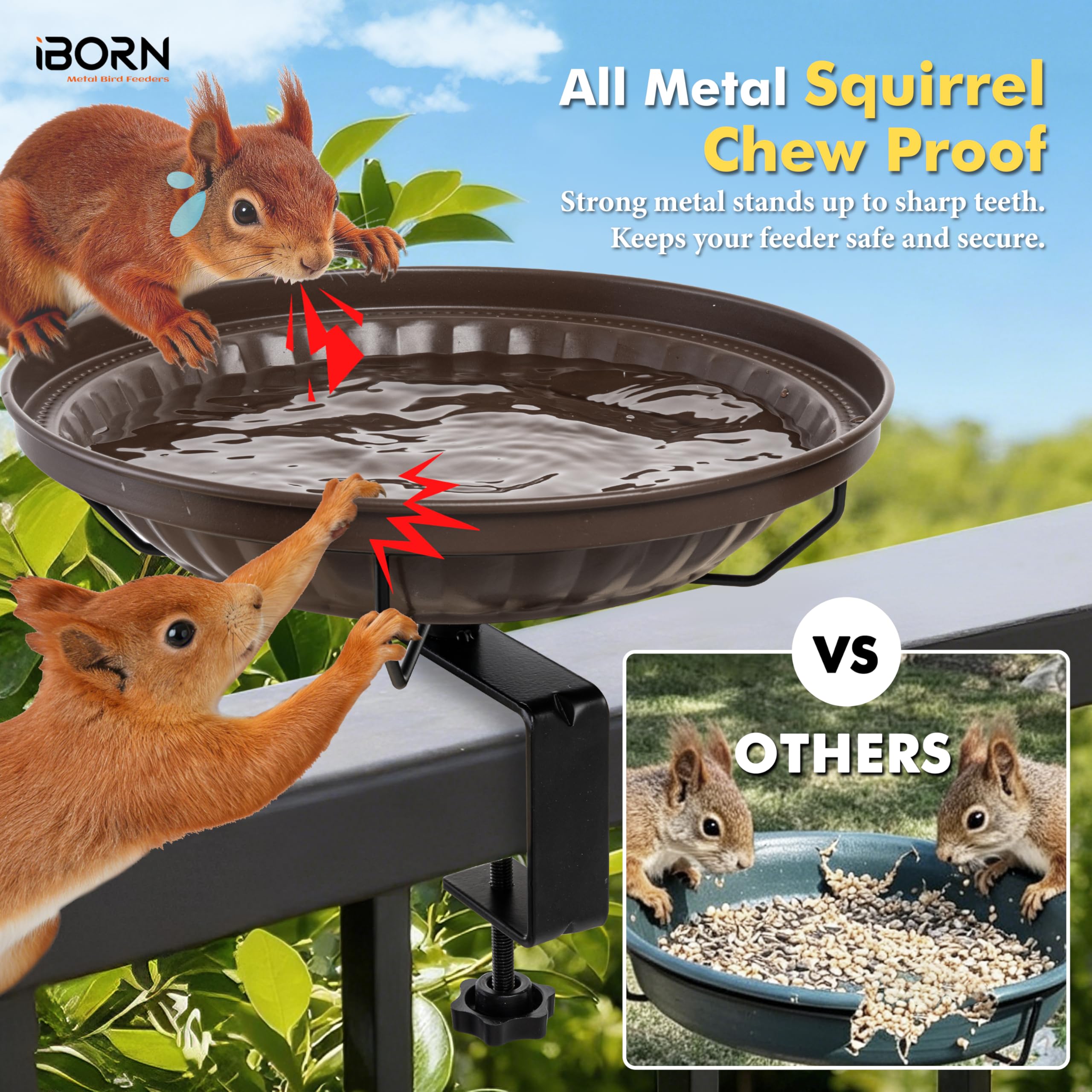 iBorn Metall-Vogelbad, 28 cm für Geländermontage, 8 cm Klemme, vollmetallische rostfreie Schale, eichhörnchensicher, komplett abnehmbar, leicht zu reinigen & befüllen, Bronze, 1 Pack