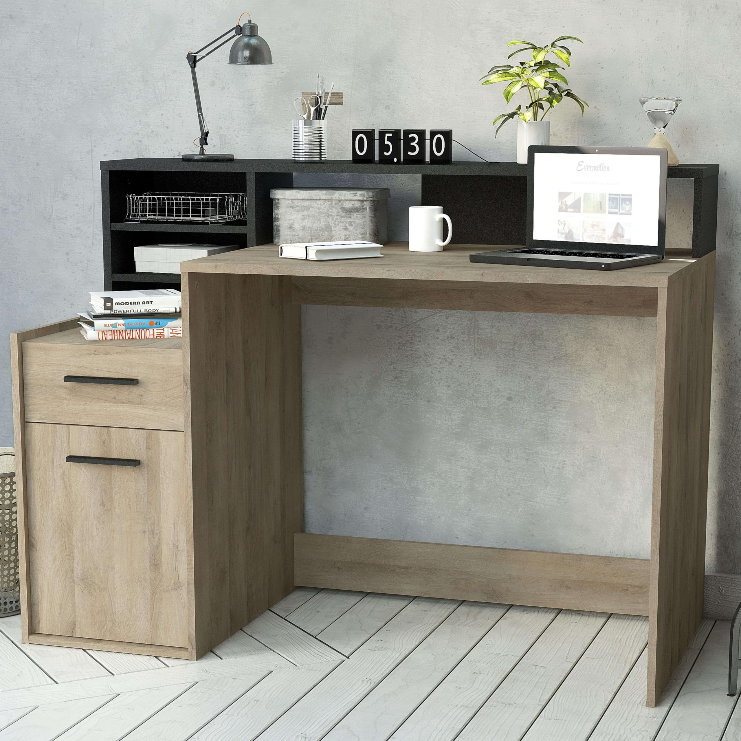 Demeyere - Escritorio pequeño con Almacenamiento de Madera de Roble con 1 Puerta y 1 cajón - Óptimo para Estudiantes - Estilo Industrial - Color Kronberg y Negro Pizarra - Melamina - 127 x 94 x 60 cm