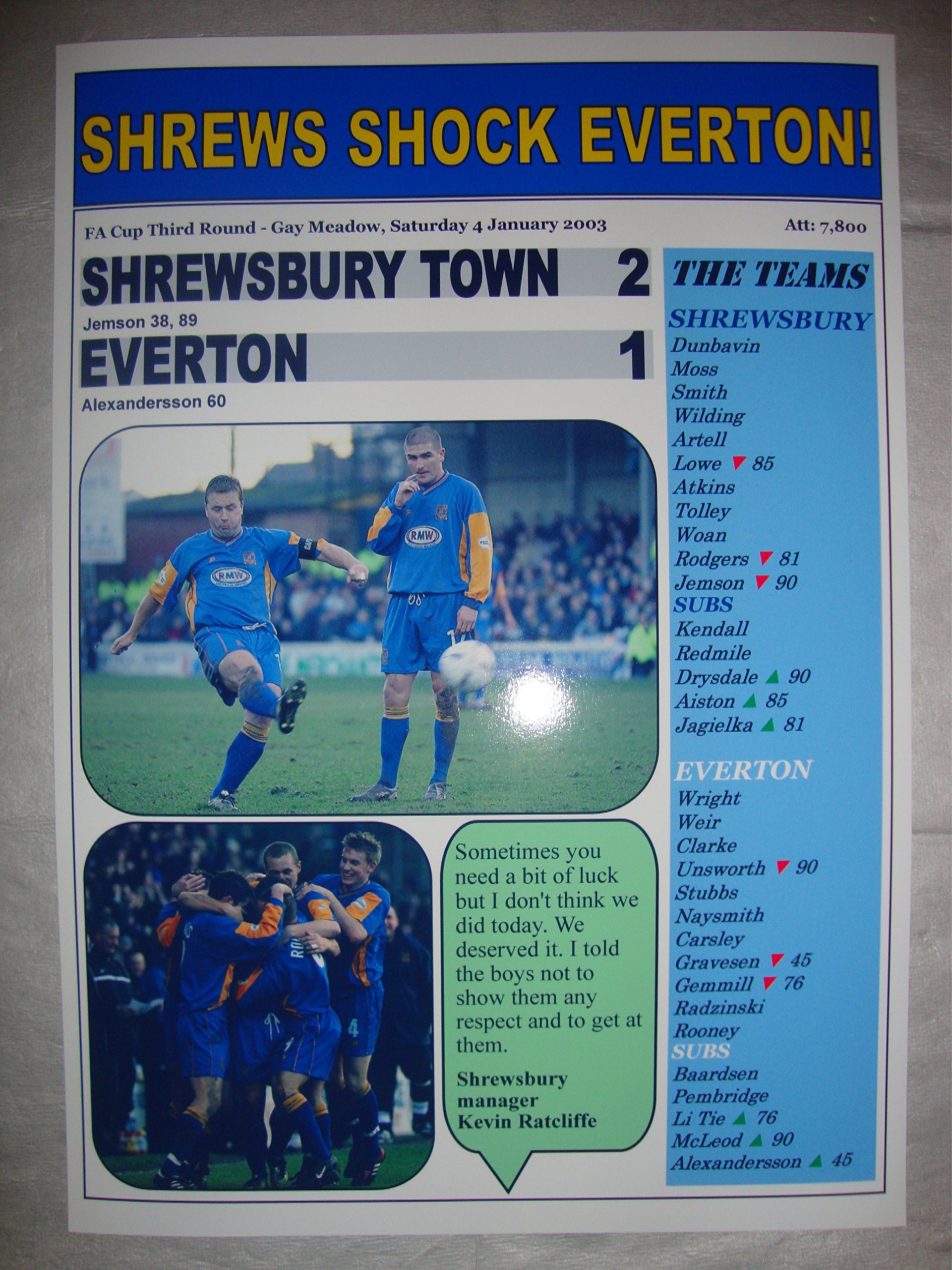 Lilywhite Multimedia Multi-Color Shrewsbury Town 2 Everton 1 - 2003 Fa Cup - Souvenir Print