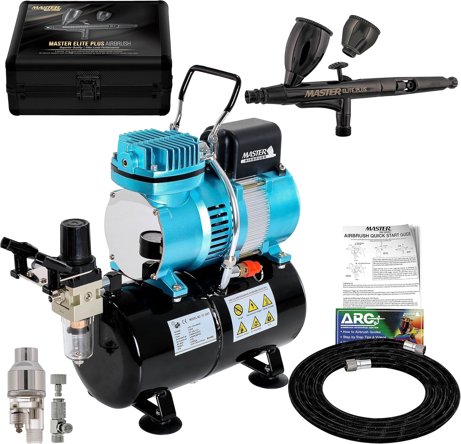 Master Airbrush Cool Runner II Dual Fan Air Storage Tank Compressor System Kit with Master Elite Plus Level Performance Airbrush Set, Case, Dual-Action, 0.3mm Tip, 2 Cups, Hose Holder, Filter, Art