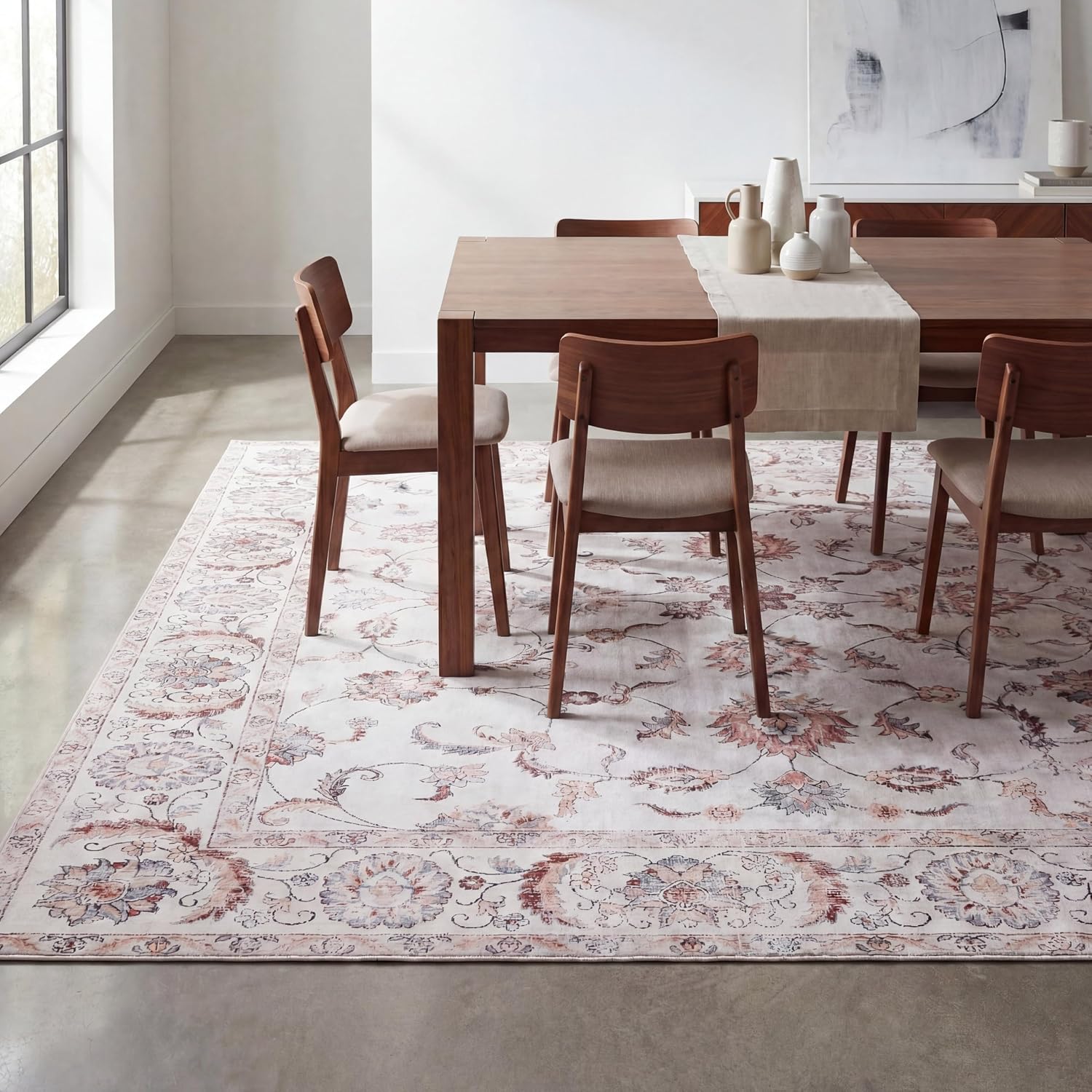 JONATHAN Y Ultra-Soft Machine-Washable Rug with Non-Skid Backing, Cream/Terra 5'x8' Arabella Vintage Floral Border, Non-Shedding, Velvet Luxury Feel for Living Room, Dining Room, Bedroom (VOR107E-5)