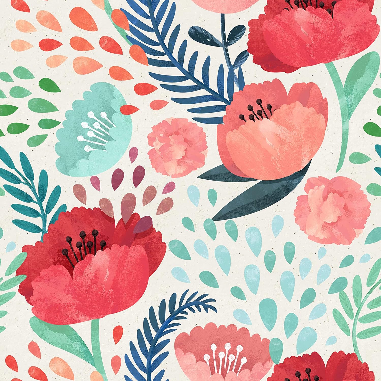 Retro Poppy Pattern Peel and Stick Wallpaper 25 W x 125 H