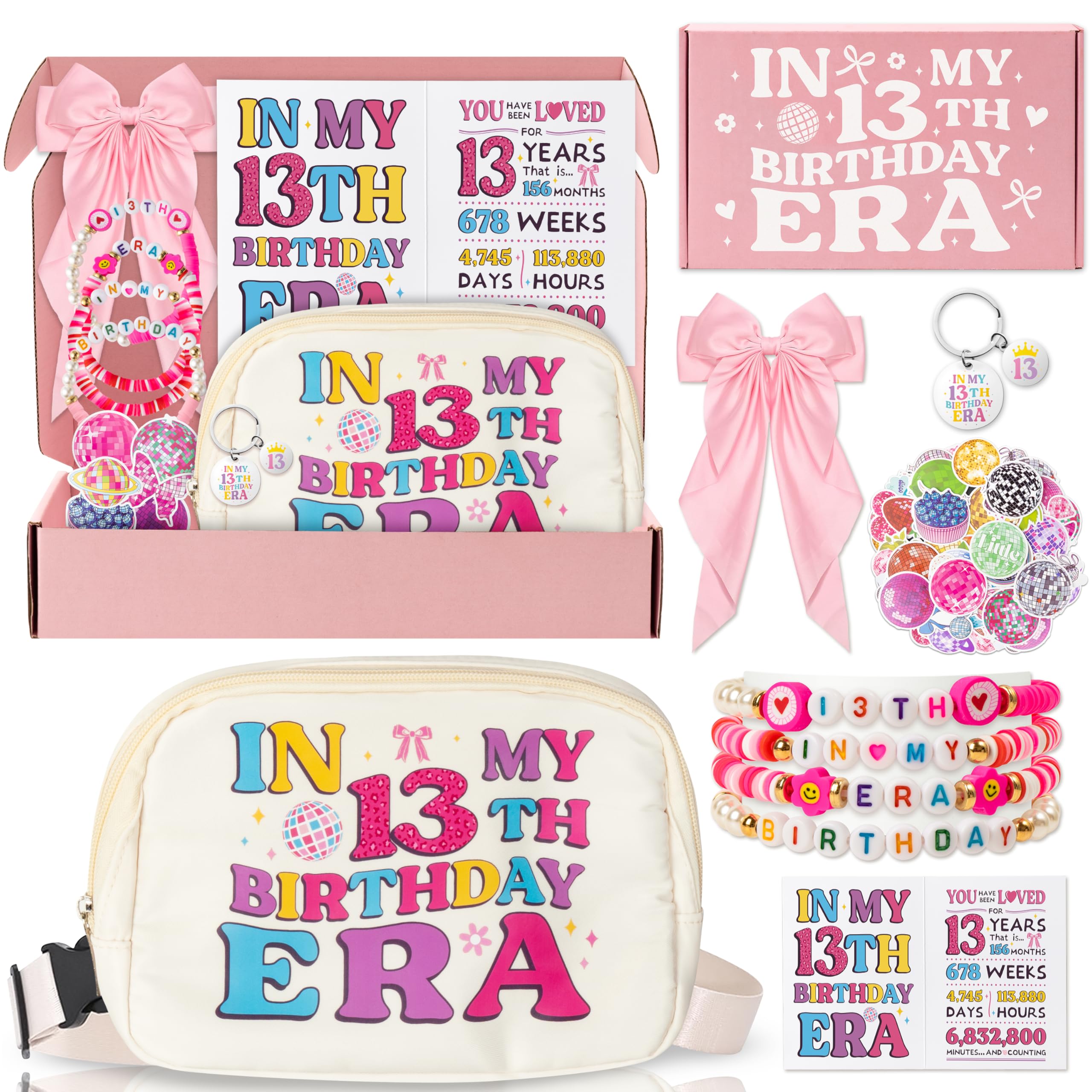 WoodHoming Era Fanny Pack Gift - 6Pcs In My 13th Birthday Era Fanny Pack Gift Set Included Belt Bag Hair Bow Clip Keychain Greeting Card and Disco