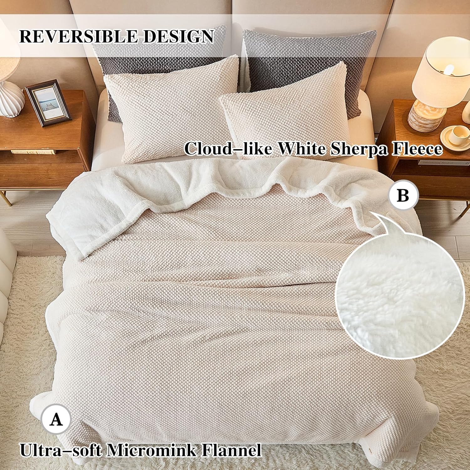 Luxury Flannel Fleece Sherpa Blankets Queen Size for Bed, Jacquard Boho 3-Layer Thick and Warm Blanket for Winter, Soft Cozy Fuzzy Plush Velvet Blanket with 2 Pillow Cases, Beige, 88x88 Inches - Image 4