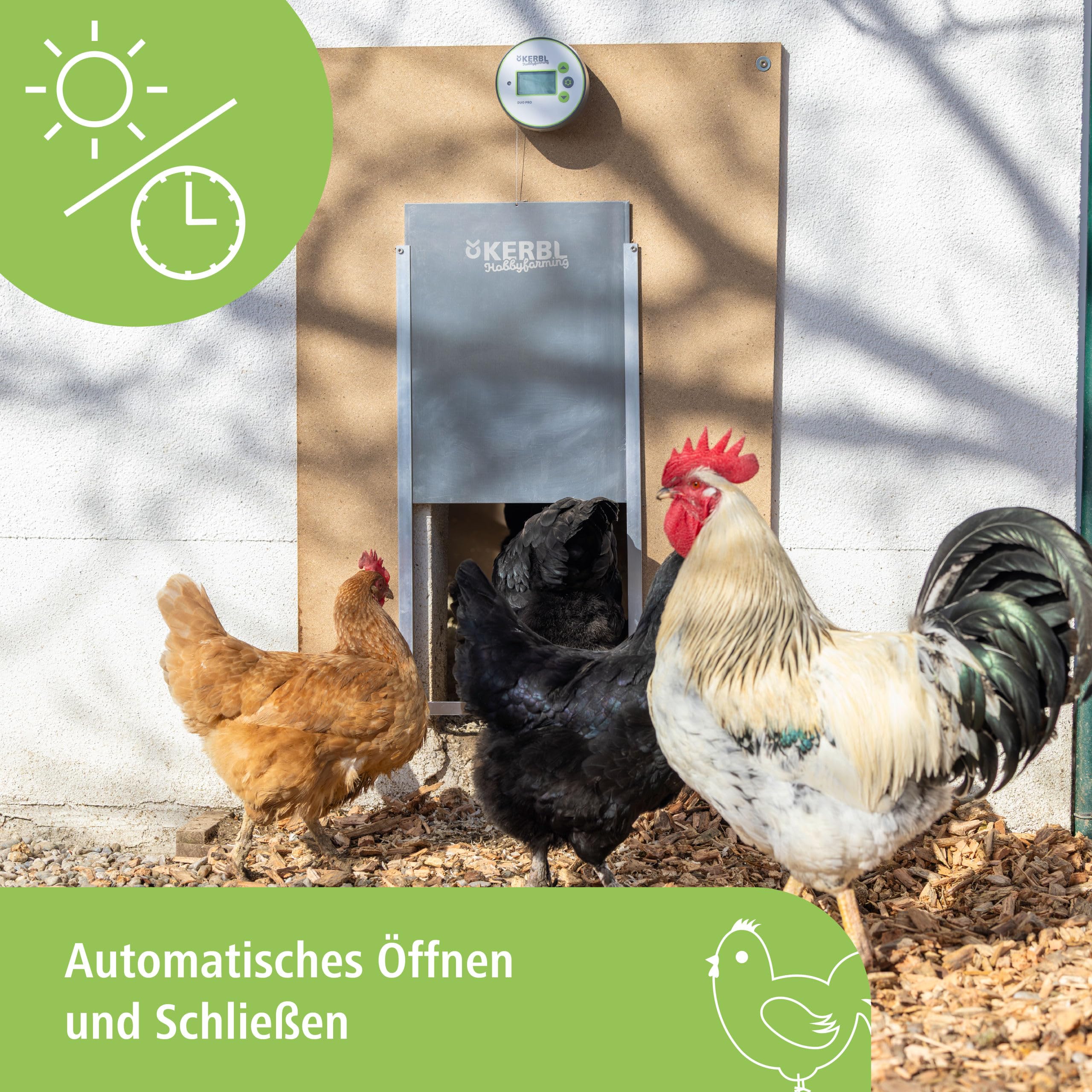 Kerbl Hobbyfarming Steuerung Duo Pro, Hühnerklappe, Hühnertür, Kunststoff, Licht- und Zeitsteuerung, Netz- und Batteriebetrieb