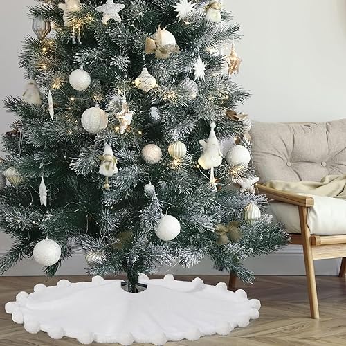 Miniatura 2 de ORTIGIA Falda blanca para árbol de Navidad de 48 pulgadas con POM POM, falda de árbol de Navidad de felpa suave de piel sintética blanca para árbol