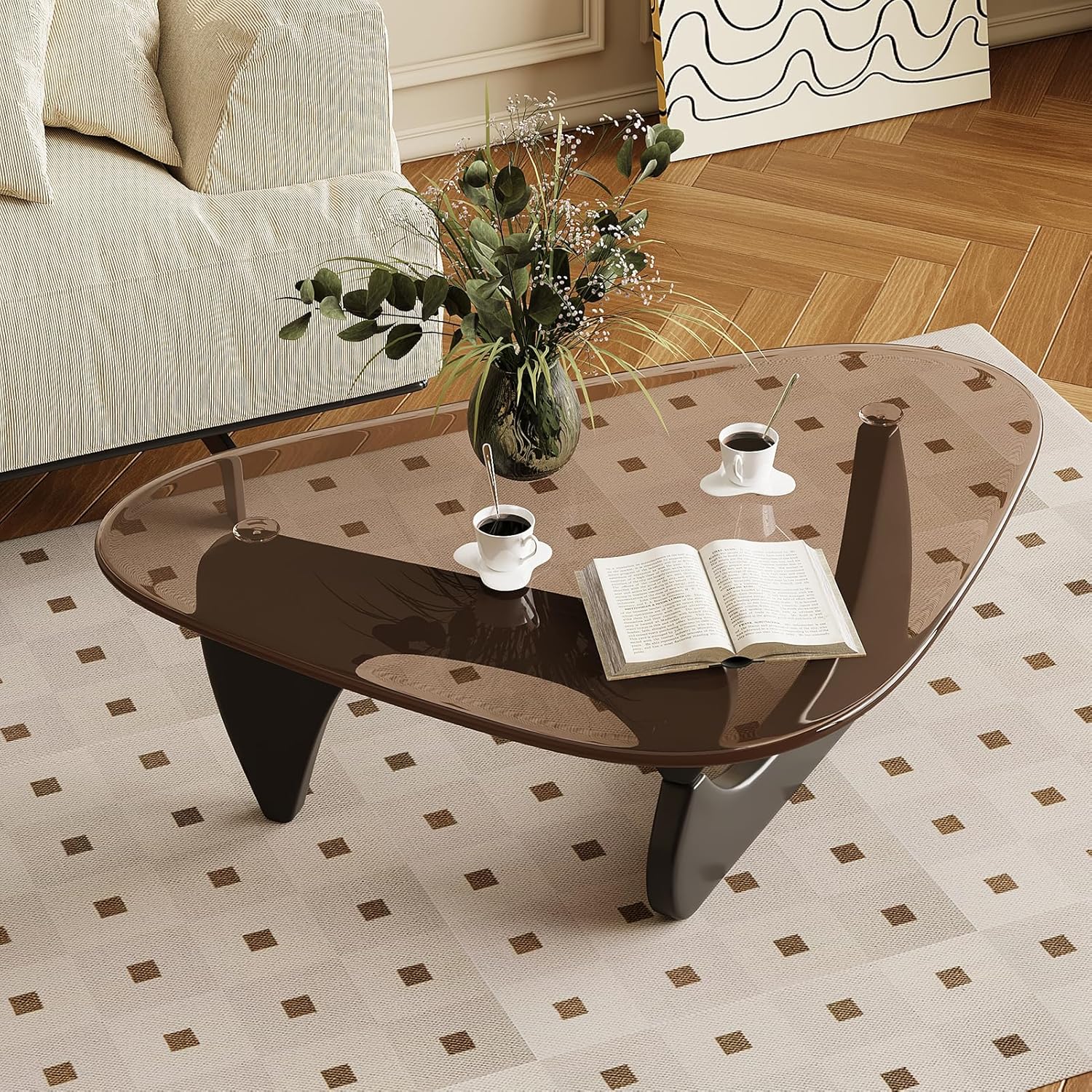 Coffee Table for Living Room Mid Century Modern Center Table with Glass Top and Oak Wood, Brown Glass/Black Black/Brown 36 Inch