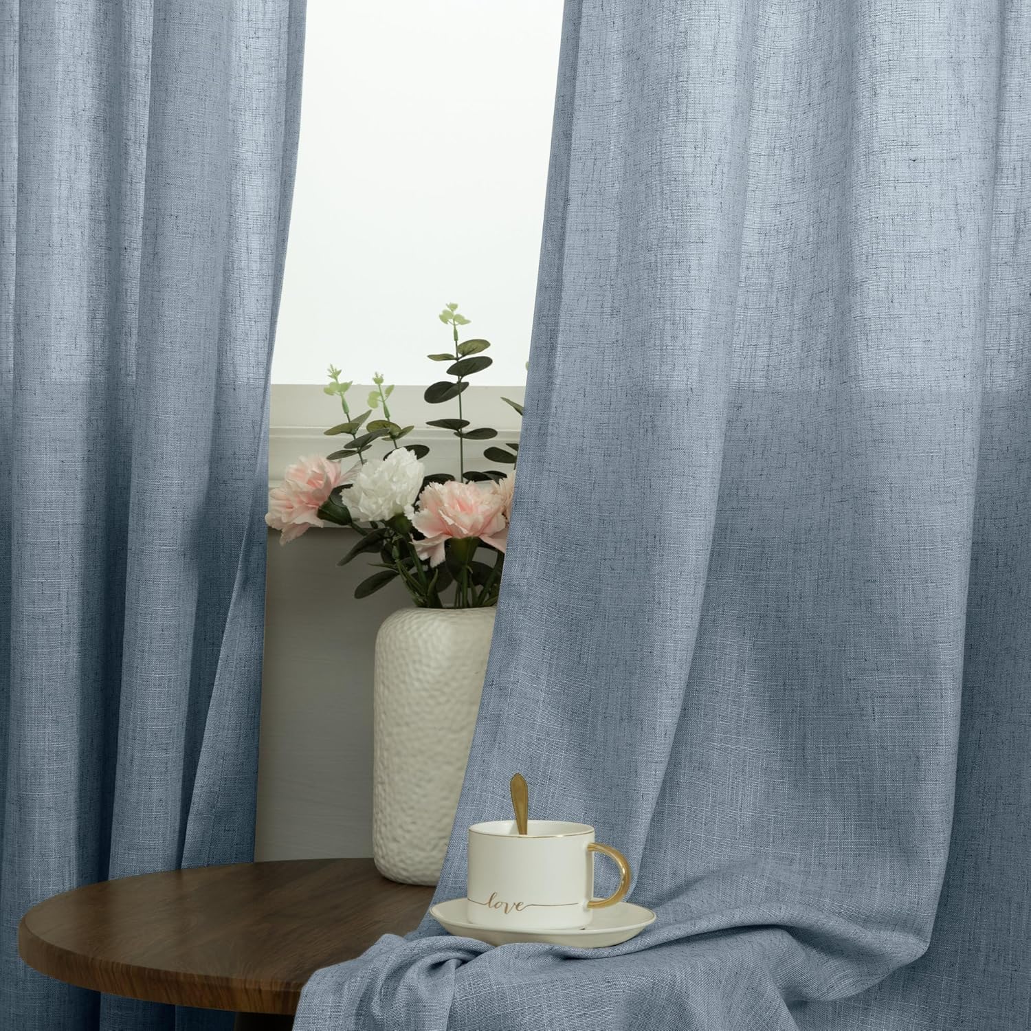 Pitalk Light Blue Linen Curtains 90 Inches Long for Bedroom 2 Panel Grommet Lightweight Drape Semi Sheer Cotton Textured Stone Blue Grey Curtain for Living Room Country Farmhouse Decor 52x90 Gray Blue