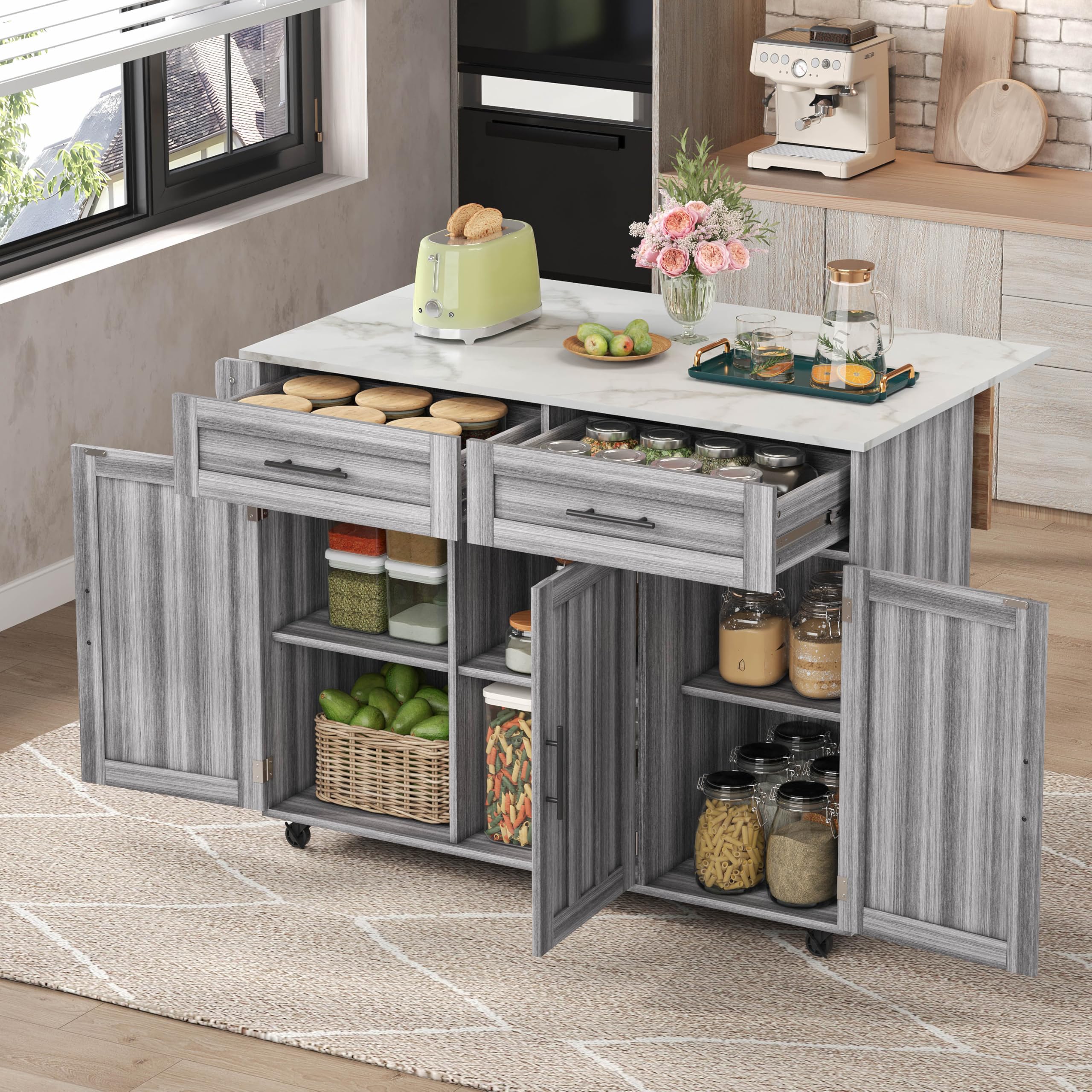 FammyLoft Kitchen Island on Wheels, Rolling Storage Trolley with Foldable Tabletop, Multifunctional Kitchen Cabinet wirh Adjustable Shelves & Towel Rack, Sideboard for Dining & Living Room, Grey
