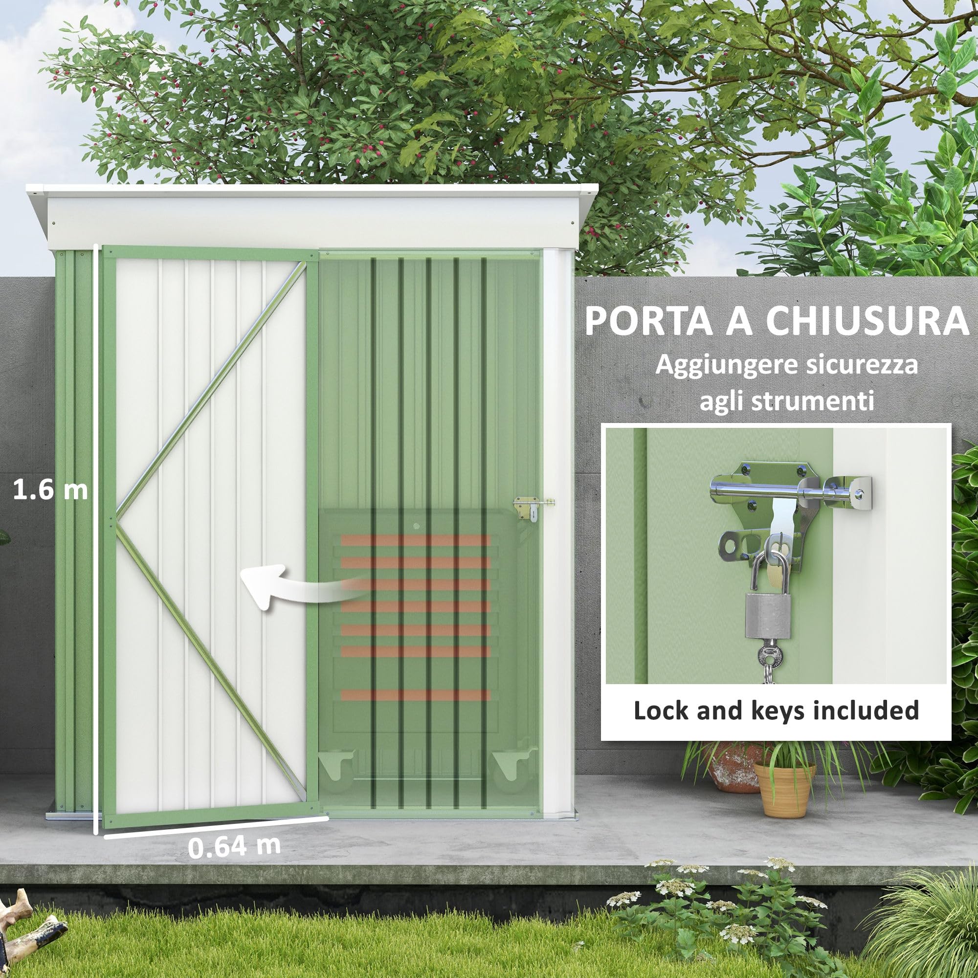 Outsunny Casetta da Giardino Piccola in Acciaio Porta Attrezzi, Armadio da Esterno con Porta Bloccabile, 161x95x163/181cm, Verde