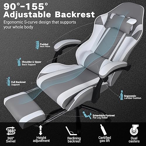 Miniatura 4 de Silla de juegos, silla ergonómica para computadora con reposapiés y soporte lumbar, silla de oficina ajustable en altura con asiento giratorio de