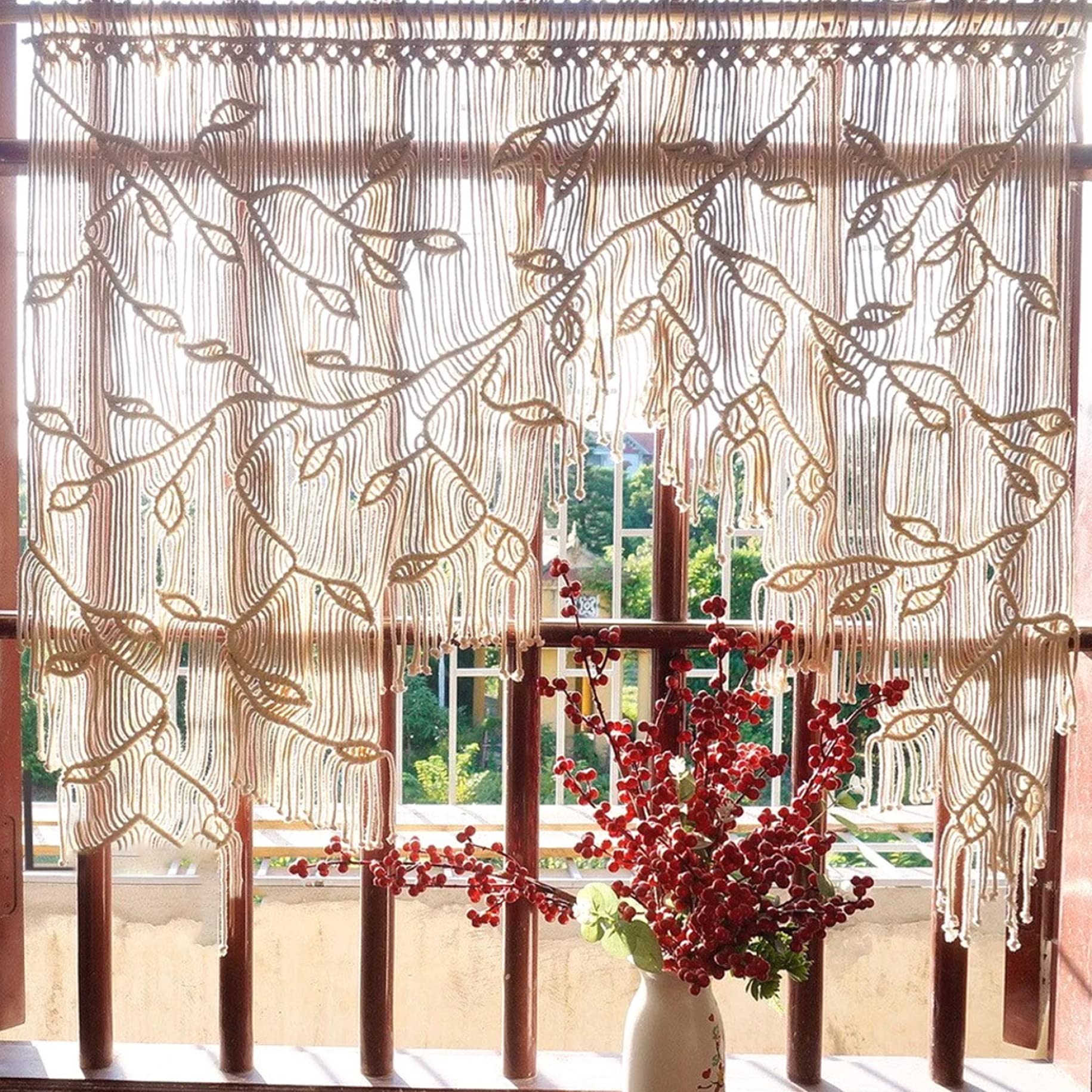 Rideaux coulissants en macramé, Feuilles tissées bohème, Rideaux de Bistro de Style champêtre, à Suspendre au Mur, Rideau Porte en macramé, Rideau Court pour Porte Balcon Salon.
