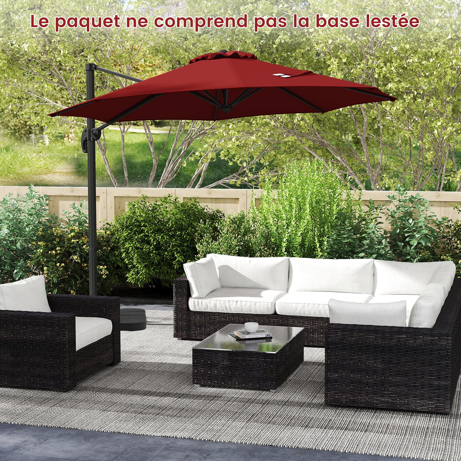 COSTWAY Parasol Déporté Professionnel 3M, Parasol de Jardin Exterieur avec Pied et Manivelle, Anti-UV, Pivotant à 360°, Inclinable, Poteau en Aluminium, pour Terrasse, Patio, Balcon (Bordeaux)