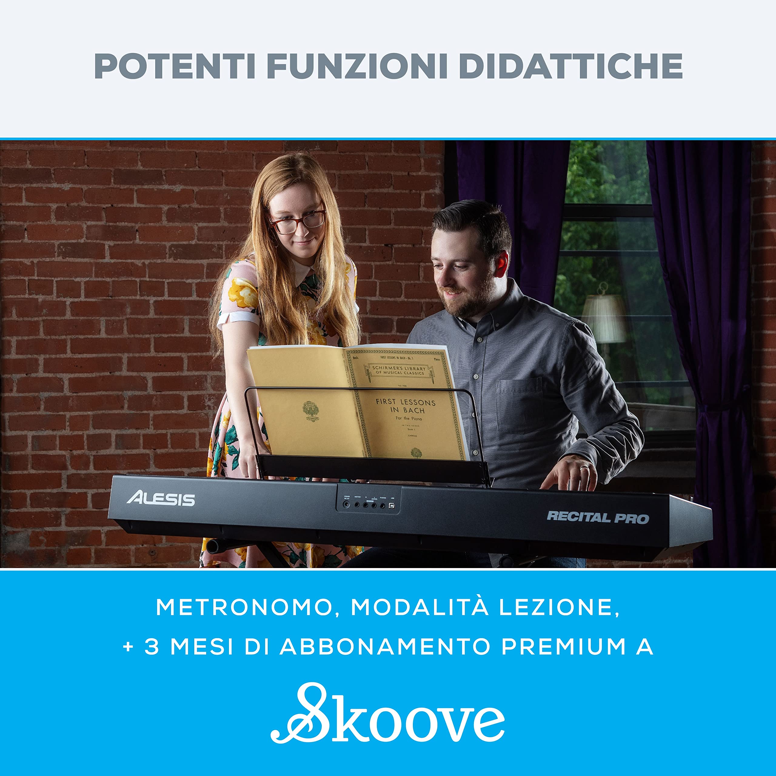 Alesis Recital Pro + M-Audio SP-2 - Pianoforte Digitale con Casse, 12 Suoni, 88 Tasti Pesati, 3 mesi di Lezioni Gratis + Pedale di Sustain Universale