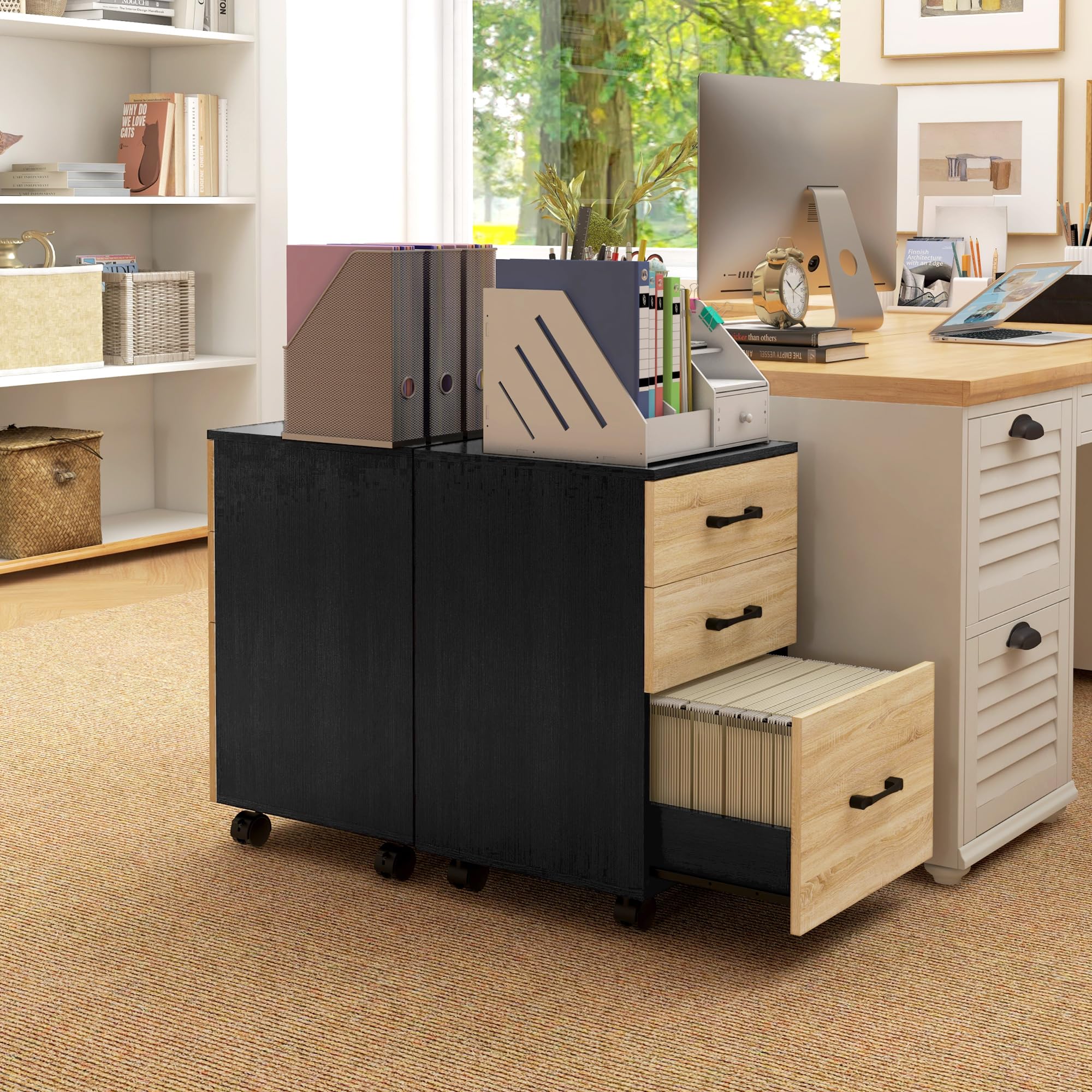 HOMCOM Cajonera de Oficina Mueble Archivador con 3 Cajones para Tamaño A4 Carta 4 Ruedas para Salón Estudio 40x42x65 cm Roble y Negro