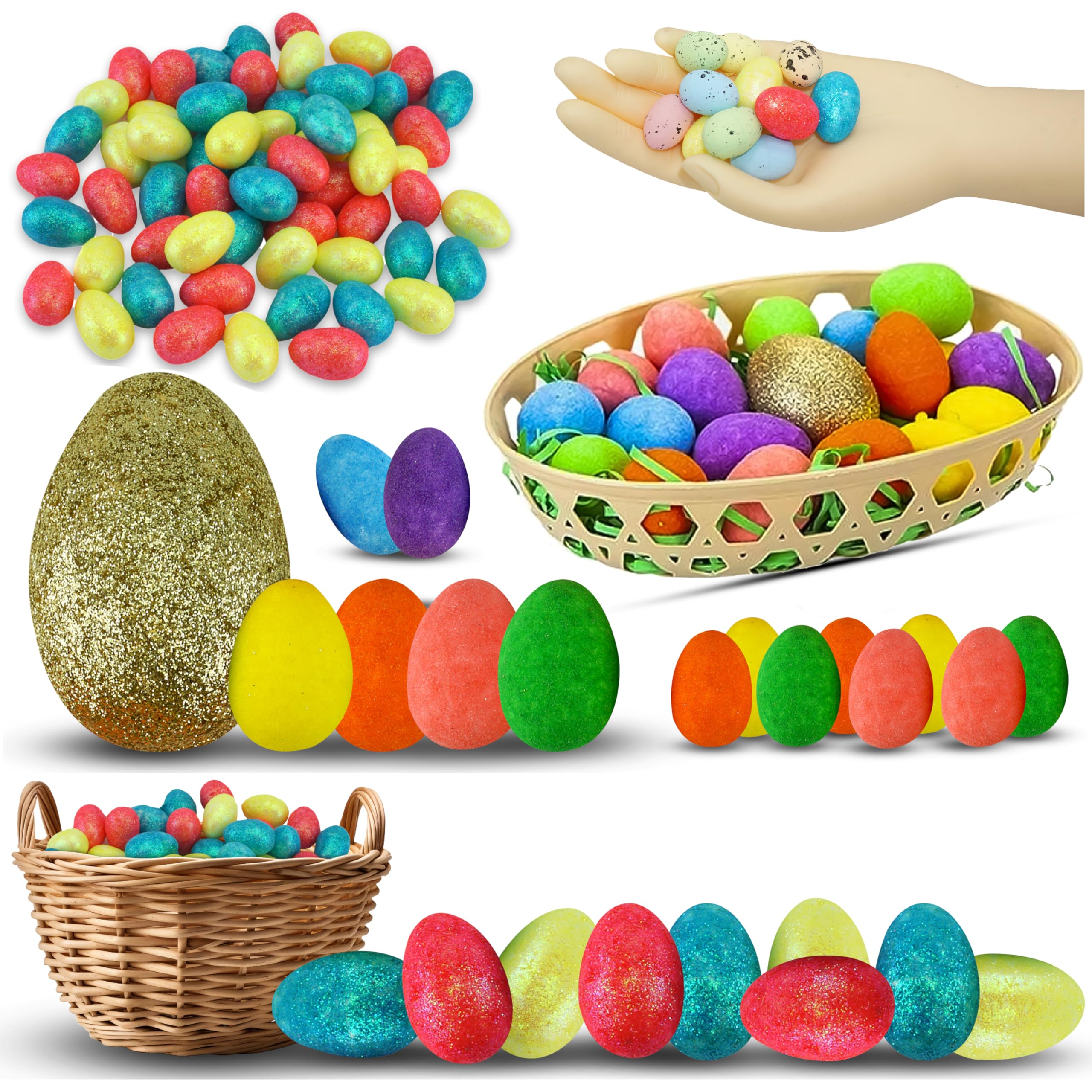 Hovuk 50Pcs- Glitter Eggs Set 50Pcs Easter Glitter Eggs In Hamper Basket - Easter Golden Eggs For Easter Table Decoration, Oval Basket For Easter Foam Eggs, Candies And Gifts Spring Decorations