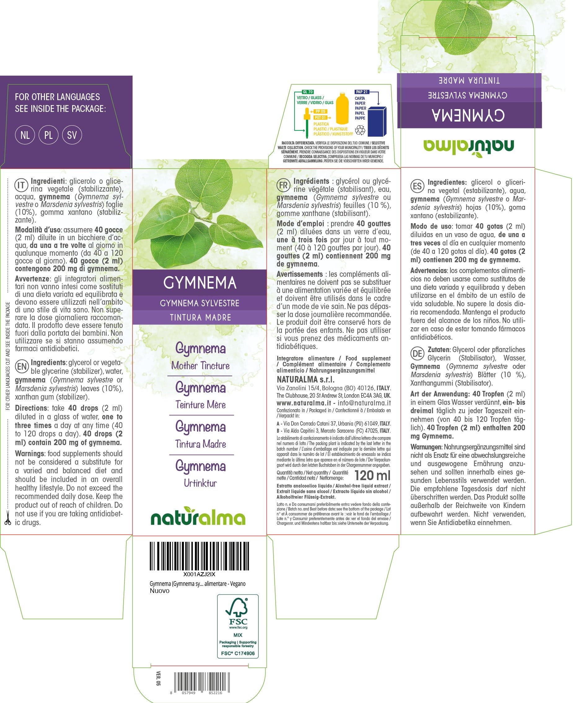 Gymnema (Gymnema sylvestre o Marsdenia sylvestris) foglie Tintura Madre analcoolica Naturalma - Estratto liquido gocce 120 ml - Integratore alimentare - Vegano