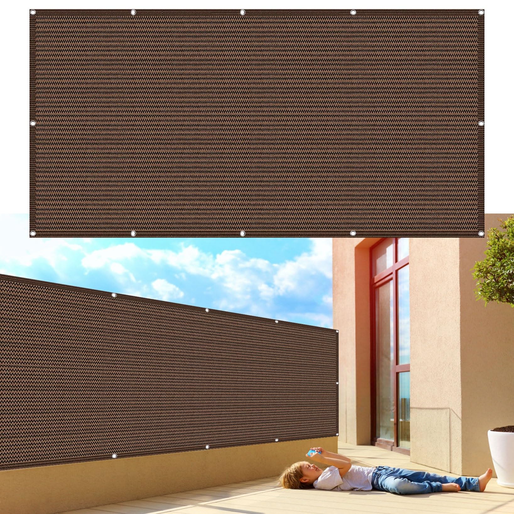 Brise vue balcon marron 115x150 cm avec oeillets et cordons de fixation