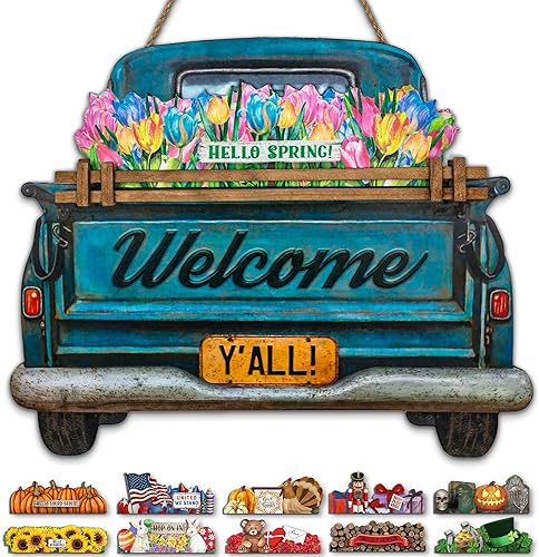 Miniatura 1 de Letrero de bienvenida intercambiable para puerta delantera, decoración de camión de granja azul con 11 letreros intercambiables de temporada y