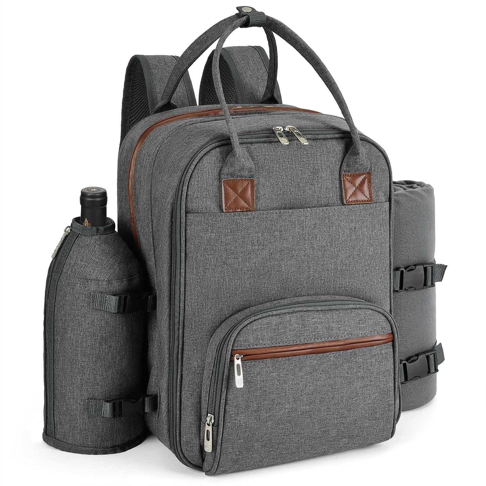 ALLCAMP Outdoor Gear Picnic Backpack for 2 Person W/Detachable Bottle/Wine Holder, Fleece Blanket, Plates and Cutlery Set (Grey)