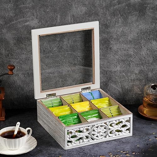 Miniatura 2 de Tea Bag Organizer Wooden Tea Box for Tea Bags, Tea Organizer 9 Compartments Tea Chest Storage Box with Clear Lid, Tea Bag Holder Tea Caddy for Tea