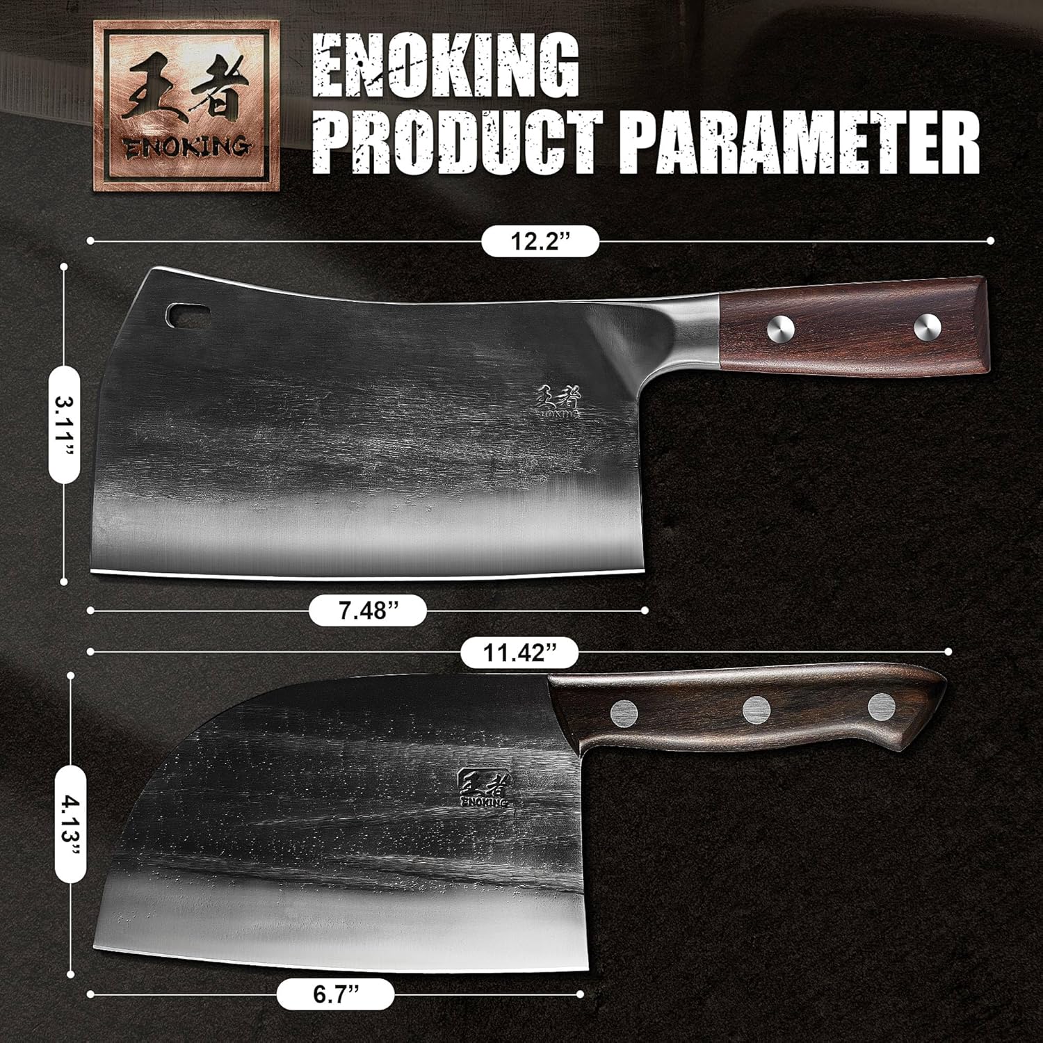 ENOKING Cleaver Chef Knife Set 2, Meat Cleaver 7.5" & Butcher Knife 6.7", Heavy Duty Bone Chopper, High Manganese Steel, Serbian Chef Knife with Full Tang Handle