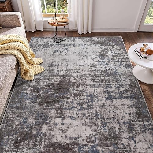 4x6 Rug, Soft Washable Rug for Living Room, Non Slip Abstract Modern Rugs for Bedroom, Low Pile Stain Resistant Foldable Carpet for Dining Room Bedside Entryway Nursery Decor, Dark Grey Blue - Dark Grey Blue - 4' x 6' (Rectangular)