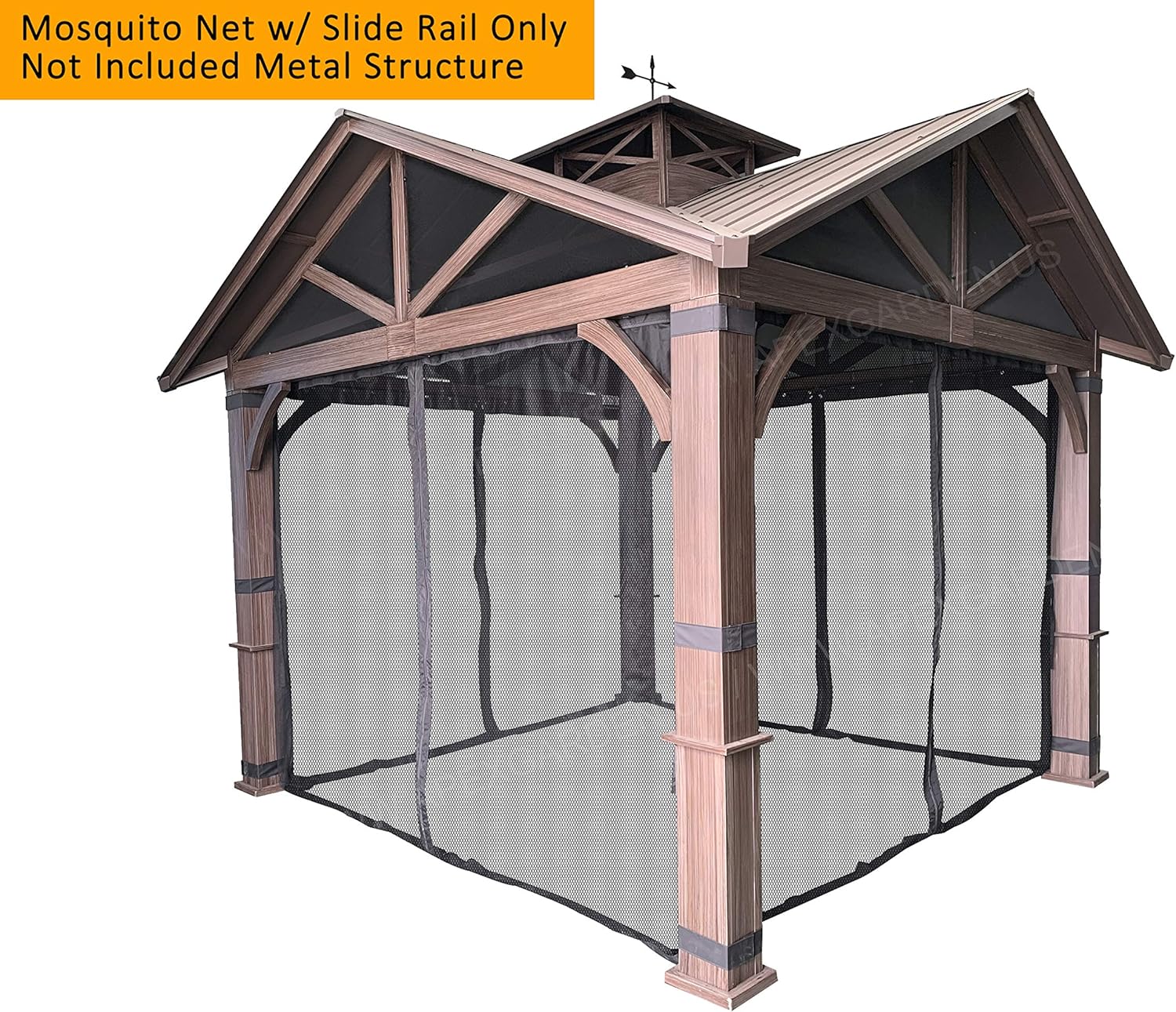 Gazebo Mosquito Netting with Slider Rail for Allen + roth Model #GF-18S112B 10'X10' Wood Looking Hand Paint Metal Square Semi- Gazebo (Screen Net ONLY) (Screen Net with Metal Slider Rail, Black-1)