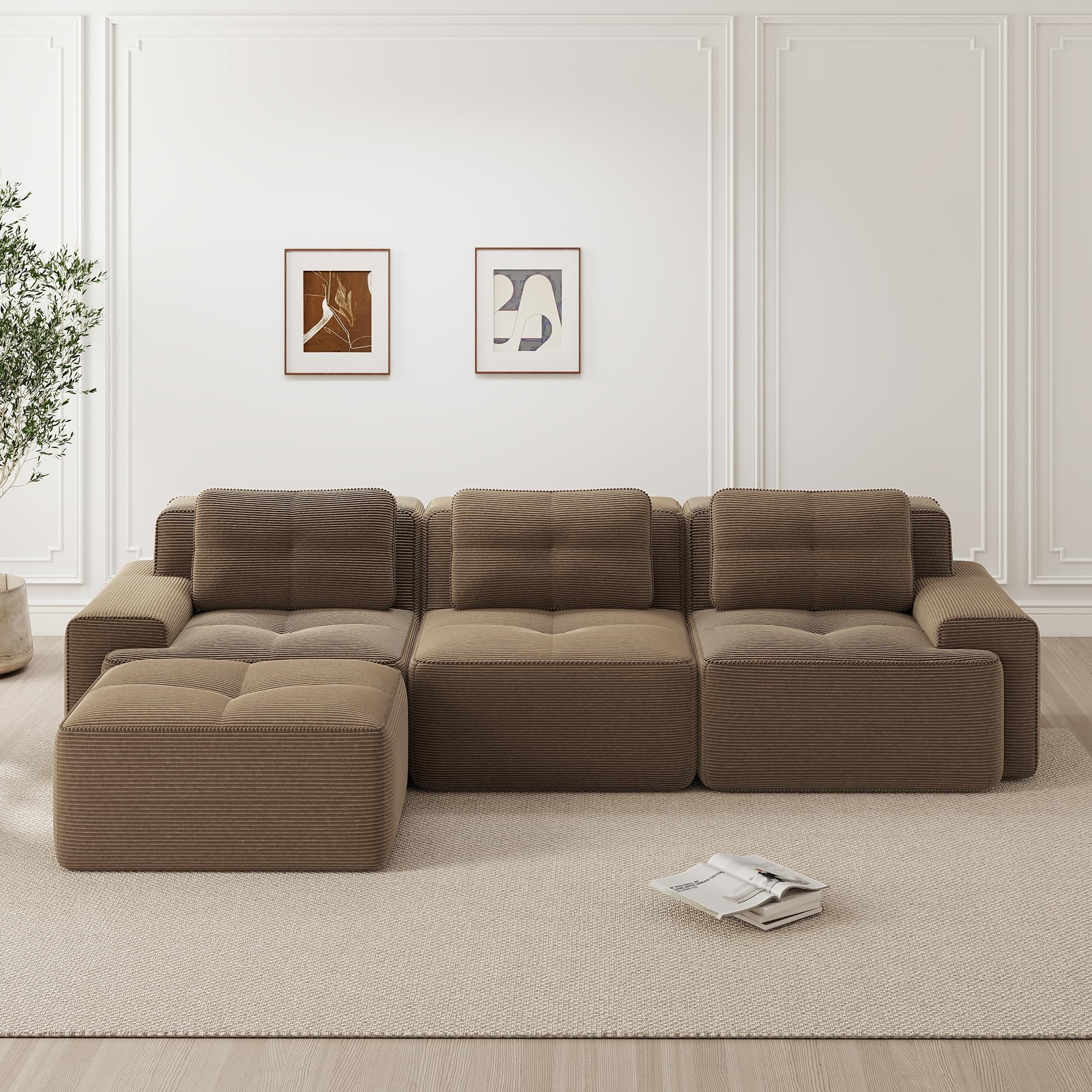 Bladez Moderno divano modulare Cloud Boneless ad angolo a forma di L in velluto a coste, divano cloud modulare con pouf, senza montaggio, divani imbottiti cloud combinabili per soggiorno (marrone, 3