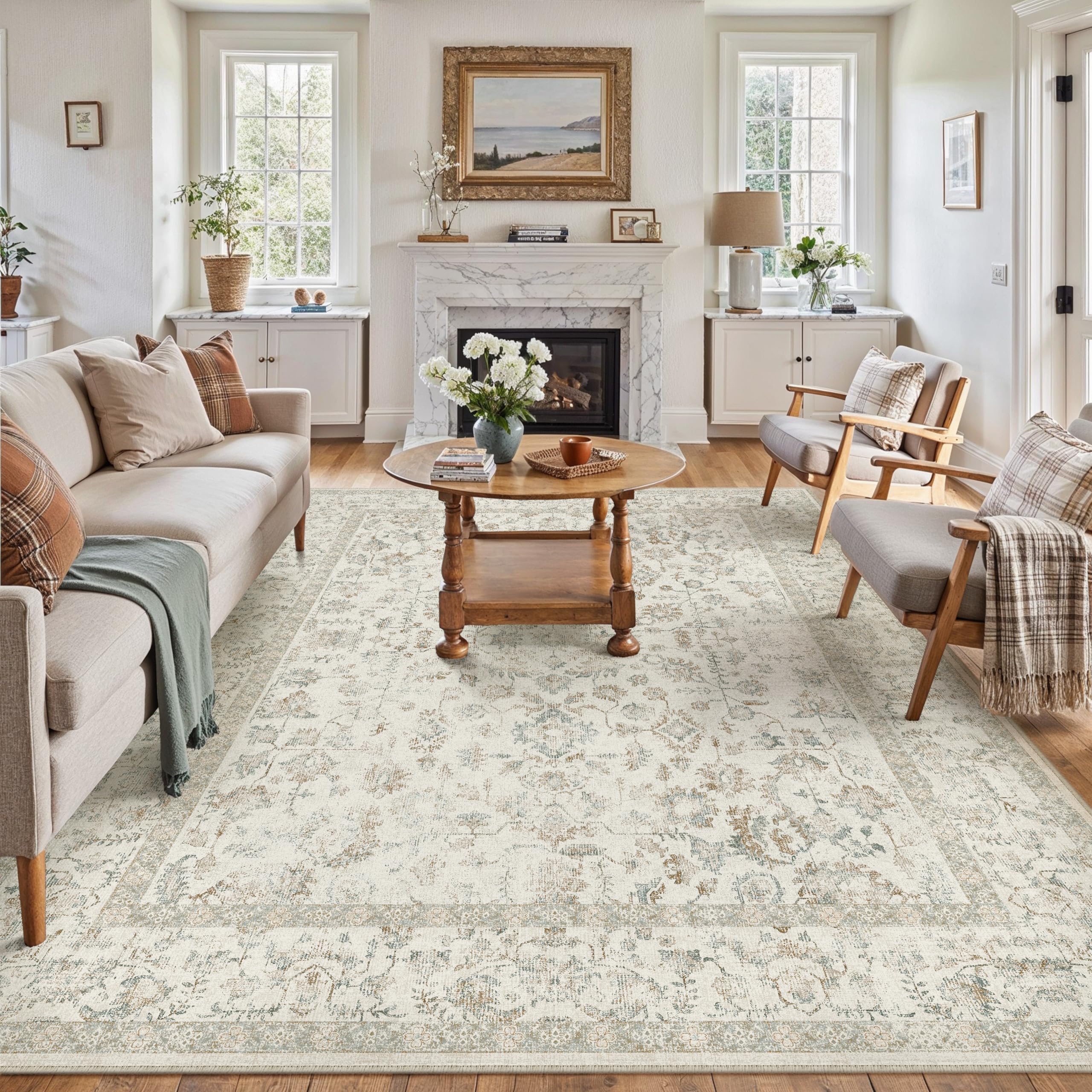 PureCozy 9x12 Taupe Area Rug Washable Non Slip Large Vintage Living Room