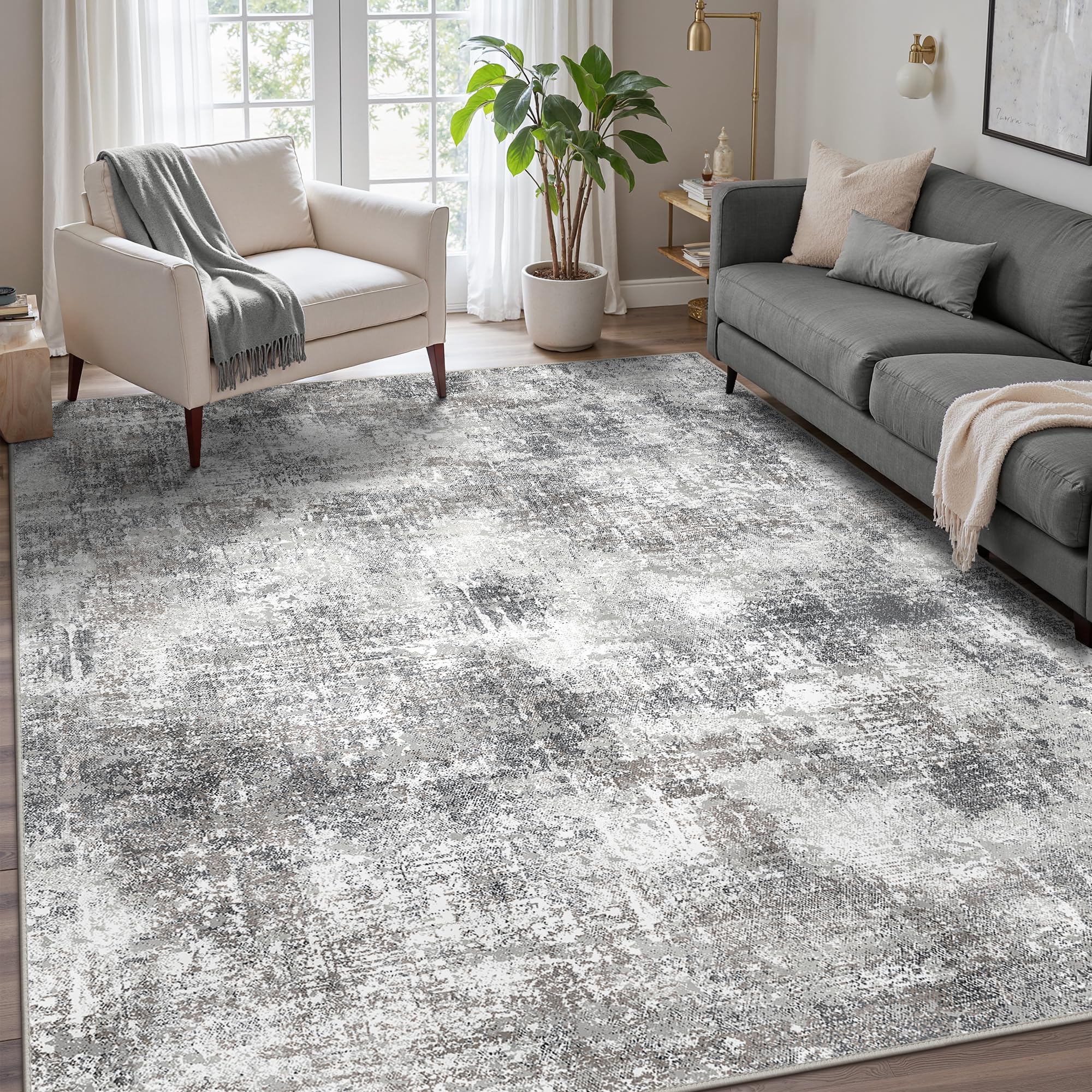 GENIMO Washable Area Rugs for Living Room, 8x10 Modern Non Slip Rugs, Low Pile Lightweight Soft Print Rug for Bedroom, Dining Room, Home Office, GreyOEKO-TEX STANDARD 100