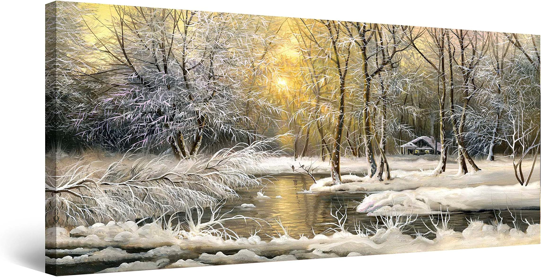 StartonightCanvas Wall Art Winter on The Lake - Landscape Framed 24 x 48 Inches
