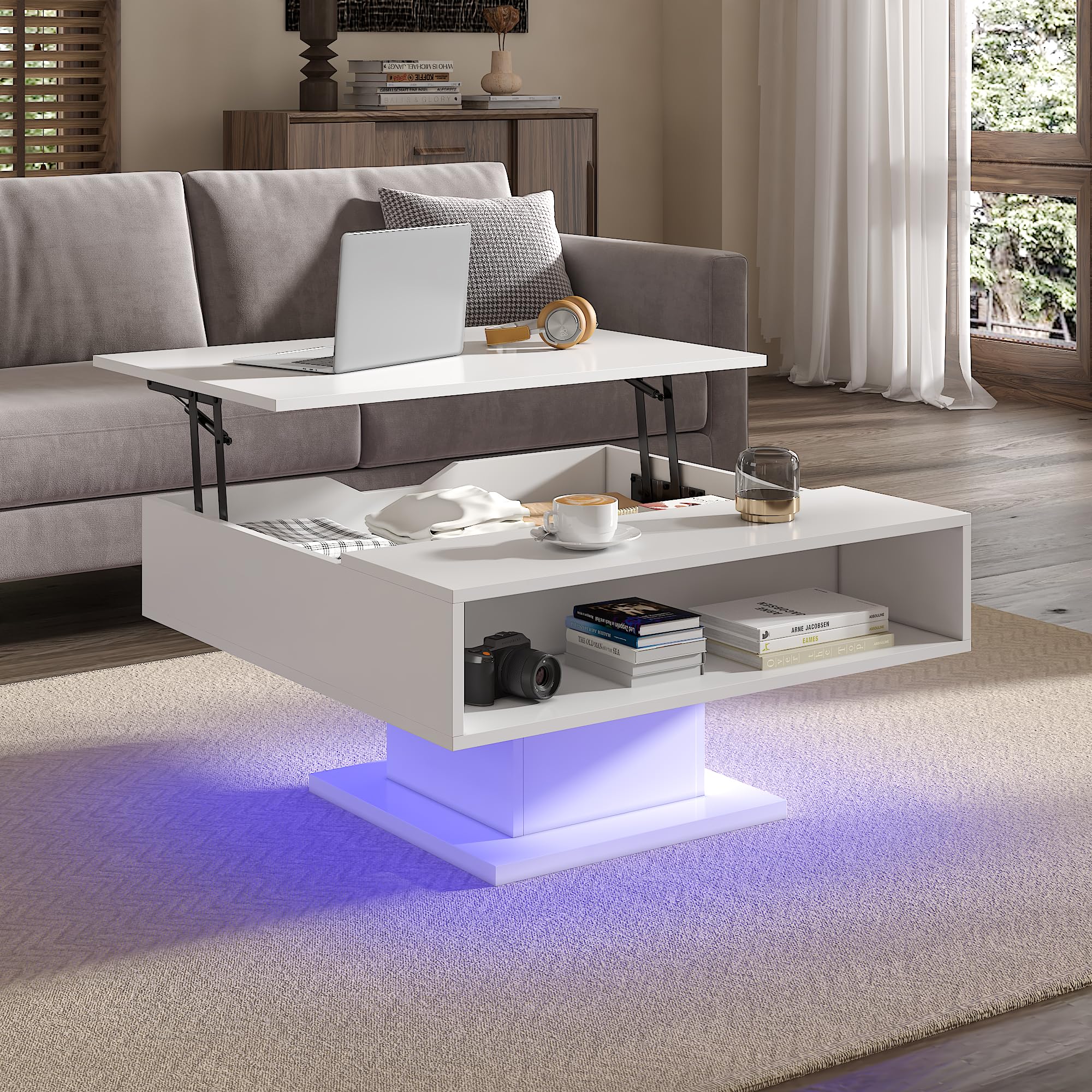 KEEPREAPER Lift Top Coffee Table with Storage, Square White Led Coffee Table with Large Hidden Storage, Wood Living Room Table Led Center Table for Dining Reception Room, White