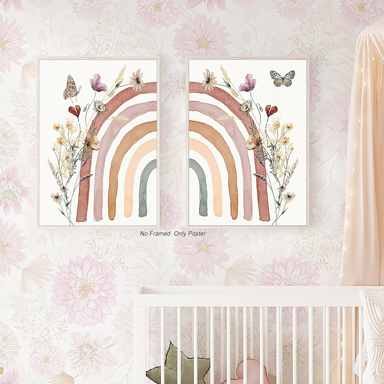 Mislojade Rainbow Wall Art Prints Wildflower Nursery Boho Nursery Decor for GirlS Pink Mursery Baby Girl Wall Decor for Kids Rainbow Poster Set of 2 16 * 24 Inch (A, 16 * 24 inch*2, Unframed)